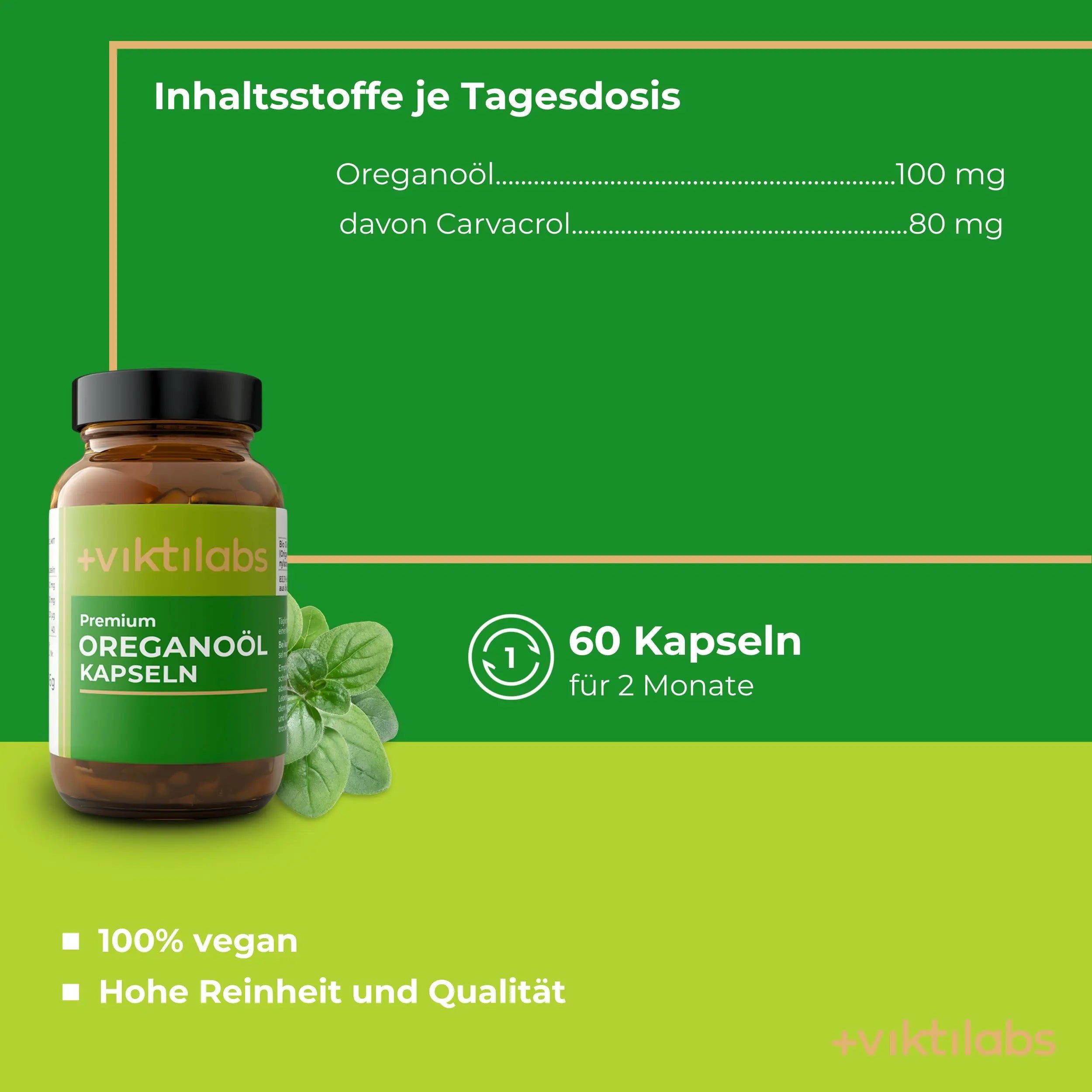 Flasche mit 60 Premium Oreganoöl Kapseln von Viktilabs. 100% vegan, hohe Reinheit und Qualität.
