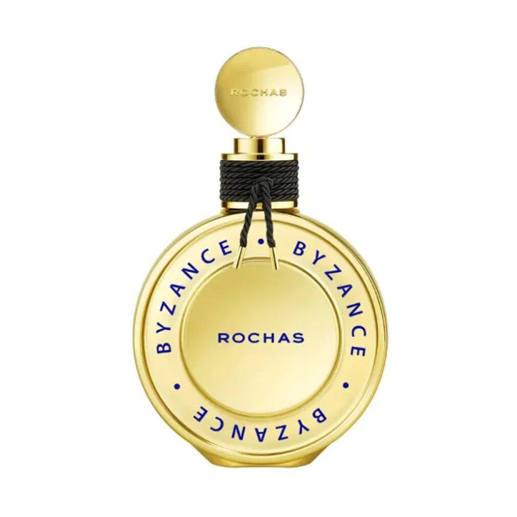 Goldene Rochas Byzance Flasche mit schwarzem Band und runder Kappe.