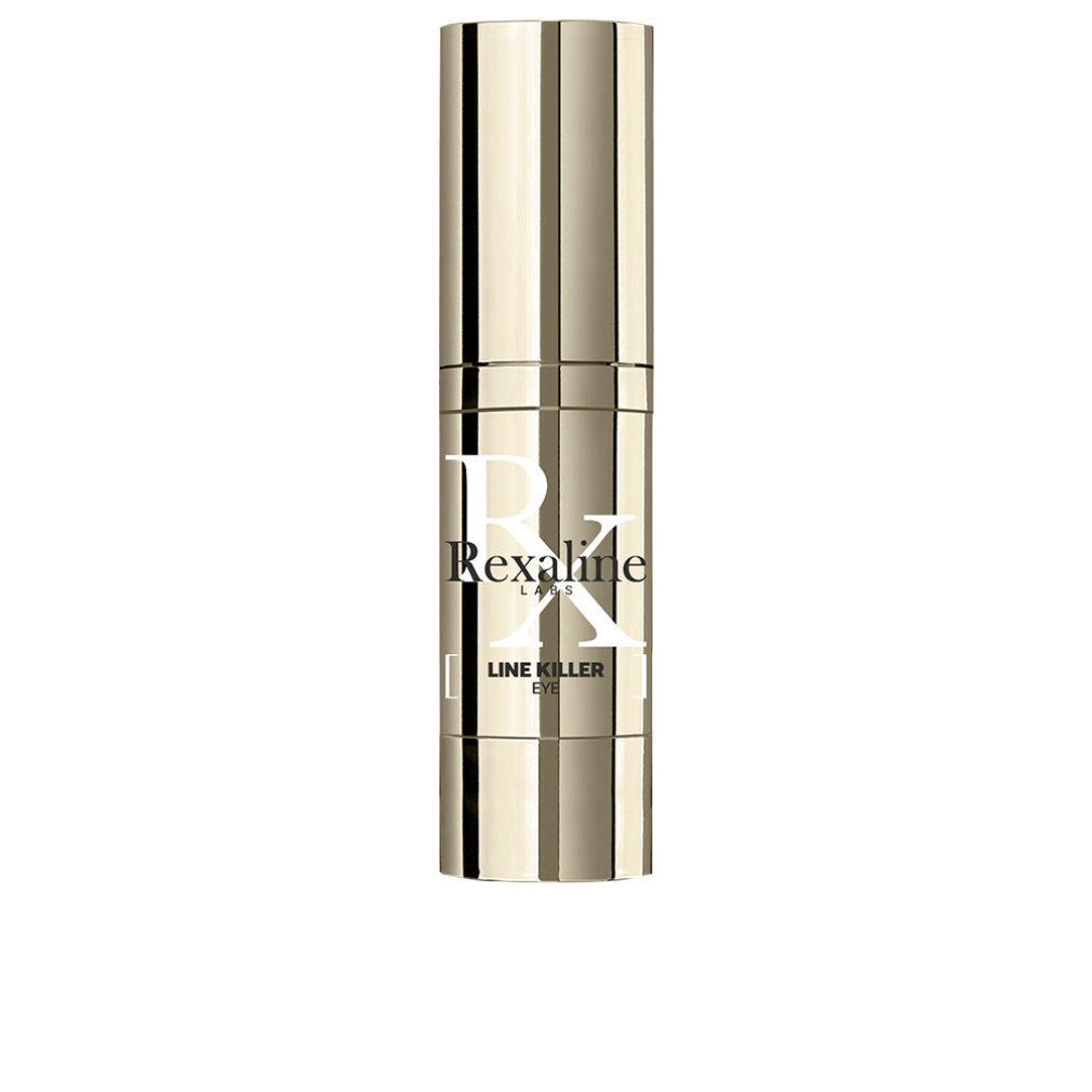 Goldfarbene Flasche mit weißem Text: Rexaline, Line Killer Eye.