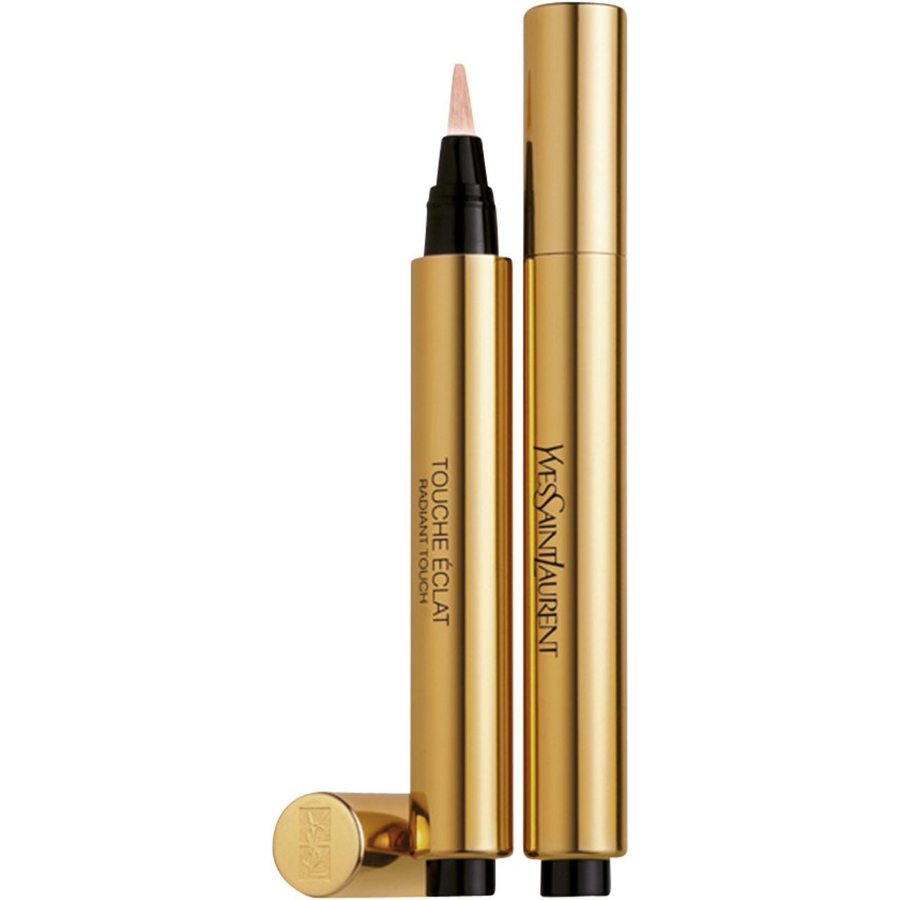 Goldener Stift mit schwarzer Spitze und Schriftzug Touche Éclat Radiant Touch. Deckel liegt daneben. YSL-Logo auf dem Deckel.