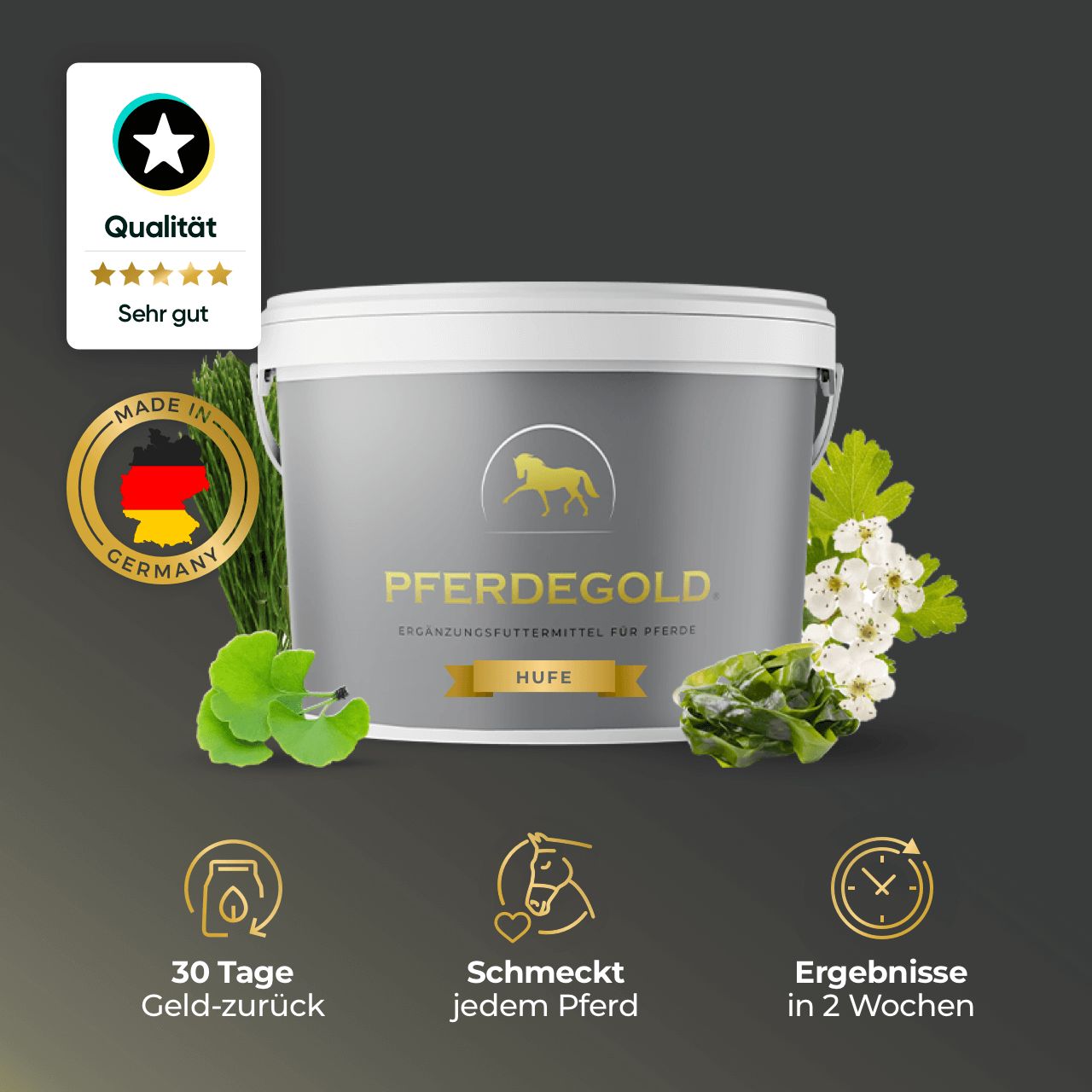 Grauer Eimer mit Pferdegold Hufe. Qualitätssiegel, Made in Germany. 30 Tage Geld-zurück-Garantie, schmeckt jedem Pferd, Ergebnisse in 2 Wochen.