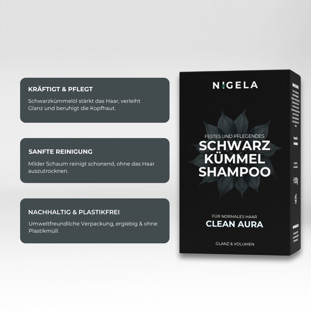 Schwarze Schachtel mit Nigela-Logo und Text: Festes und pflegendes Schwarzkümmel Shampoo. Für normales Haar.