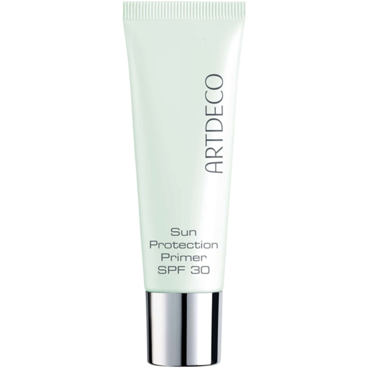 Tube mit Produktaufschrift ARTDECO, Sun Protection Primer SPF 30. Hellgrüne Tube mit silberfarbenem Deckel. Text in Schwarz.