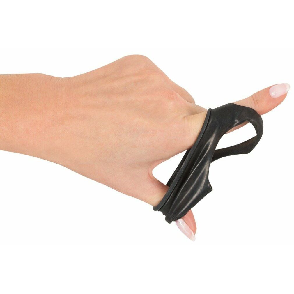 Schwarzes Latex-Produkt, das an einem Finger getragen wird. Mit Öffnung.