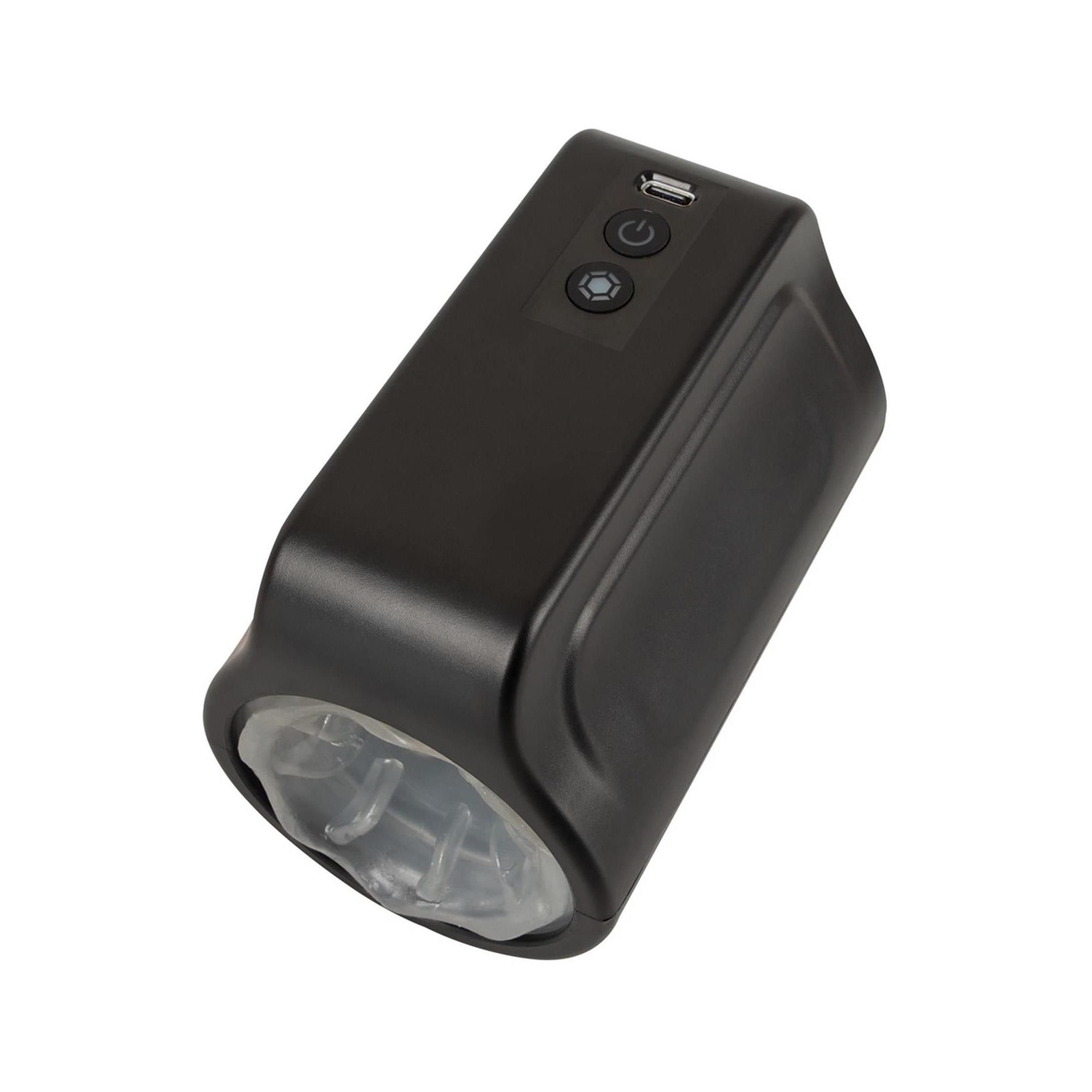 Schwarzes, rechteckiges Gerät mit USB-Anschluss und Bedienelementen. Transparentes Material an einem Ende.