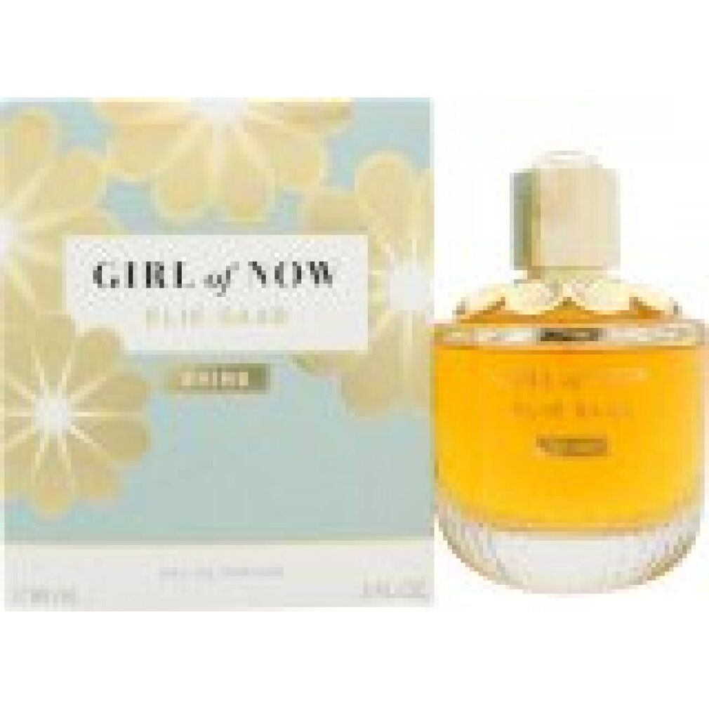Parfümflasche und Verpackung. Flasche mit goldfarbenem Deckel, Schriftzug GIRL of NOW ELIE SAAB SHINE. Verpackung mit Blumenmuster und Text.