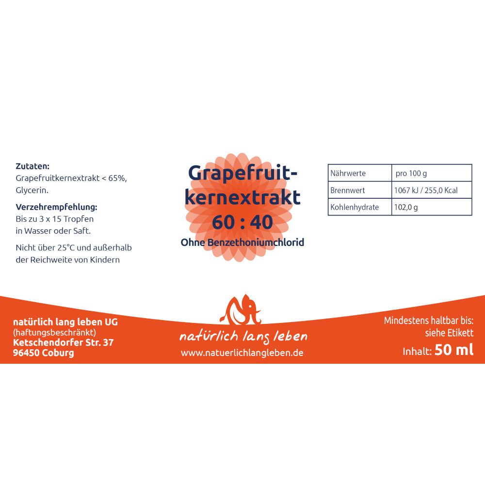 Etikett mit Informationen zu "Grapefruitkernextrakt 60:40". Zutaten, Nährwerte, Haltbarkeit und Logo "natürlich lang leben".