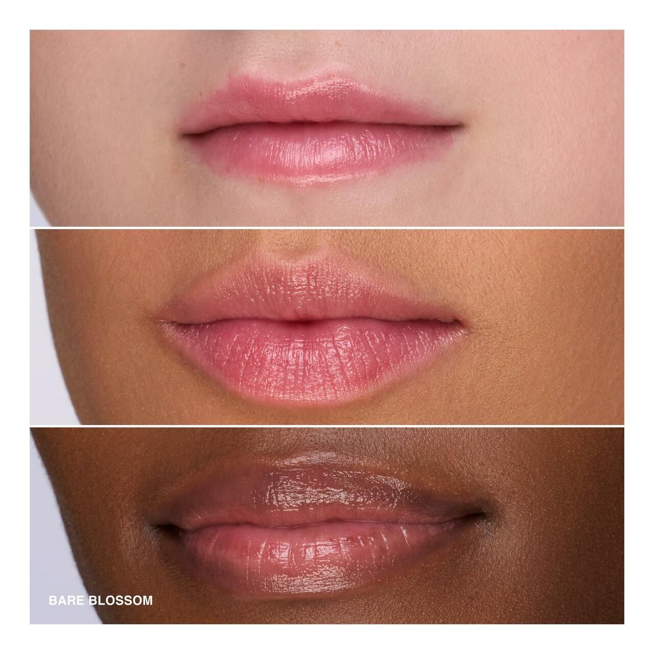 Drei Lippen, unterschiedliche Hauttöne. Lippenstift-Effekt, Produktname Bare Blossom.