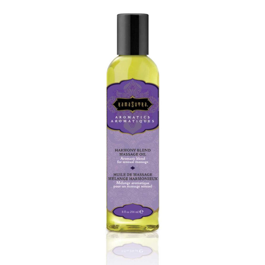 Gelbe Flasche mit schwarzem Deckel. Lila Etikett mit Text: "Kamasutra Aromatics Harmony Blend Massage Oil". 4 fl oz.