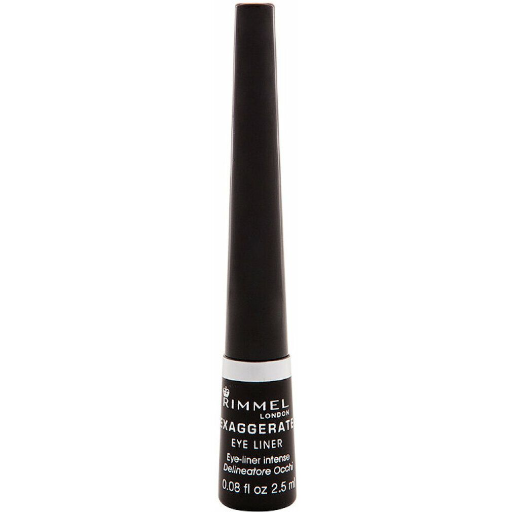 Schwarzer flüssiger Eyeliner. Schwarze Flasche mit weißem Ring und Produktinformationen. Marke Rimmel.