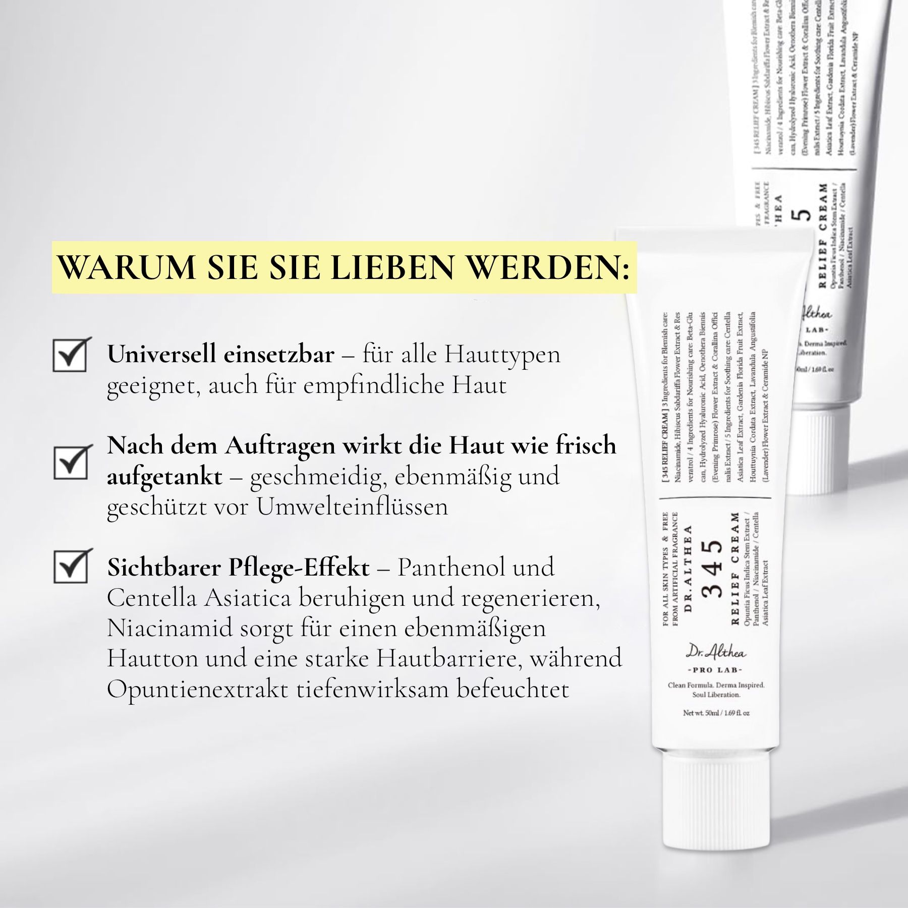Zwei Tuben Dr. Althea 345 Relief Cream. Text: Universell einsetzbar, wirkt geschmeidig, schützt vor Umwelteinflüssen.