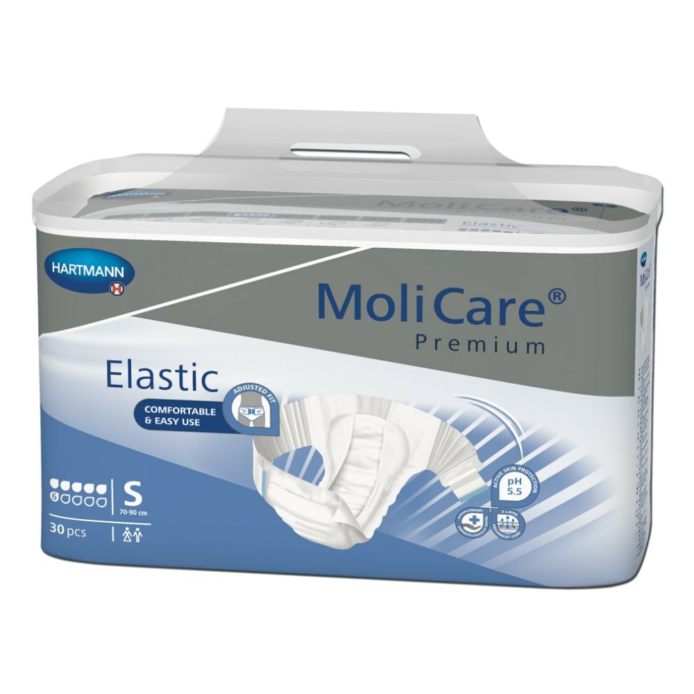 Verpackung MoliCare® Premium Elastic. Marke Hartmann. Produktname und Eigenschaften auf der Verpackung. Größe S.
