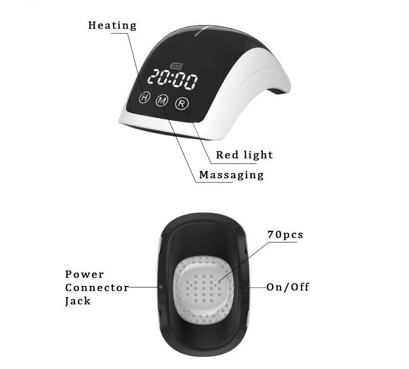 Knie-Massagegerät, schwarz-weiß, mit Bedienfeld. Anzeige: 20:00. Beschriftung: Heating, Massaging, Red light. 70pcs.