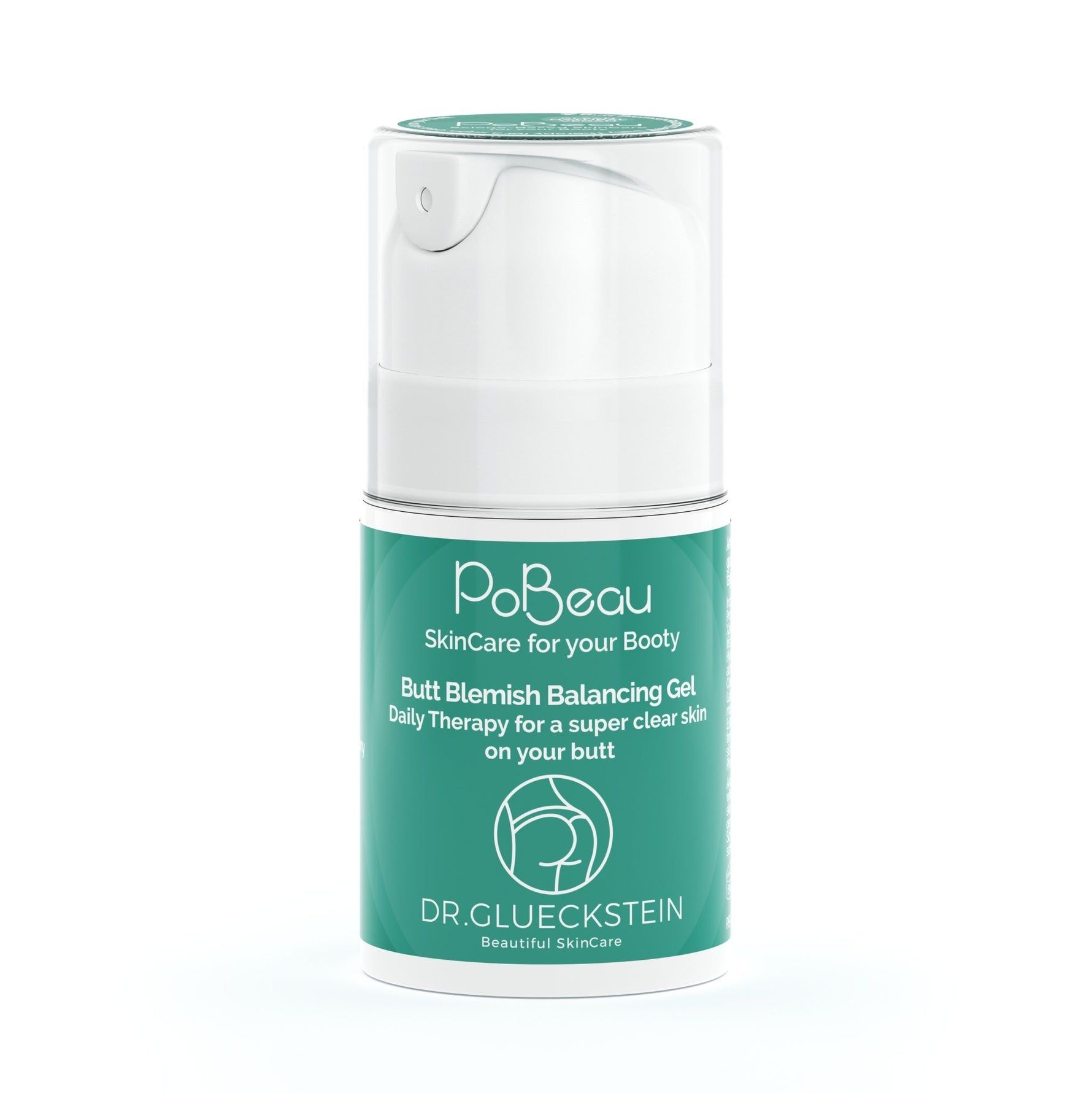 Pobeau Butt Blemish Balancing Gel. Weiße Flasche mit grünem Etikett. Text: SkinCare for your Booty, DR. GLUECKSTEIN. Transparenter Deckel.