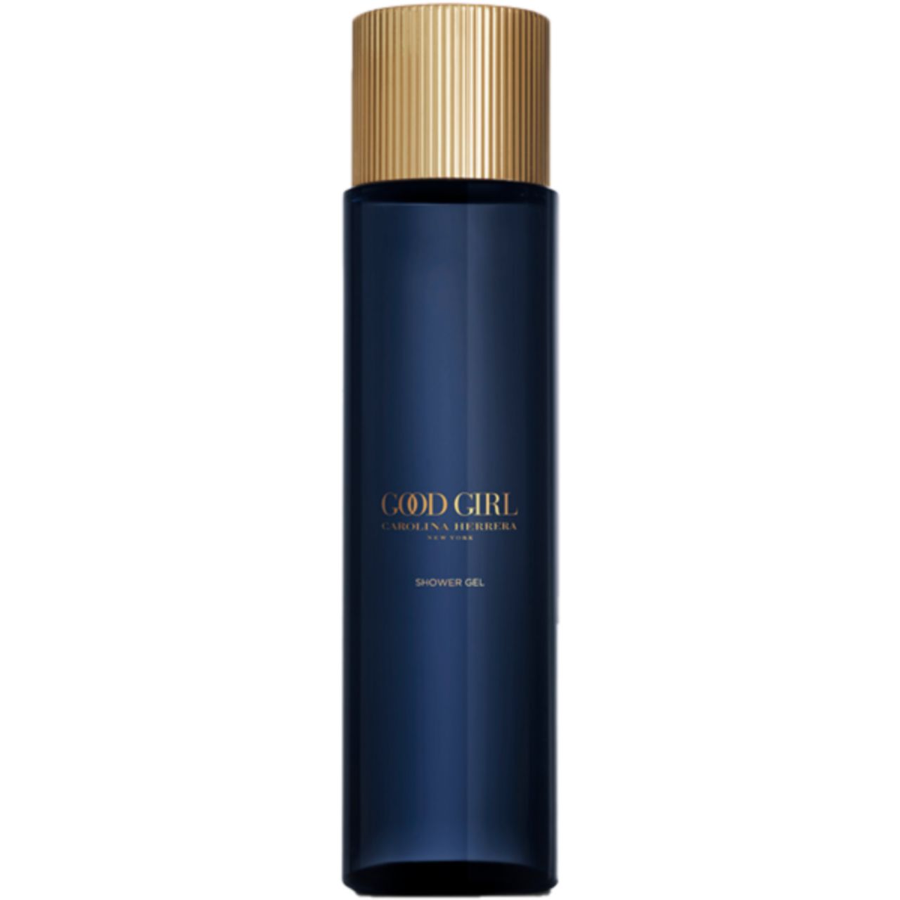 Flacone blu e oro con scritta GOOD GIRL e CAROLINA HERRERA. Etichetta gel doccia. Tappo dorato.