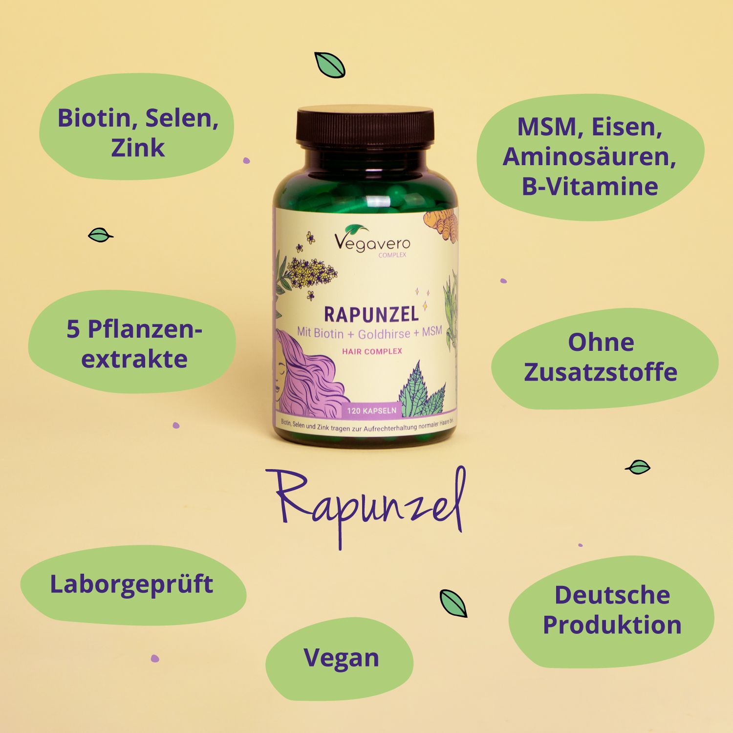 Capsule VEGAVERO Rapunzel, circondate da parole chiave: biotina, selenio, zinco, 5 estratti vegetali, senza additivi, vegano.