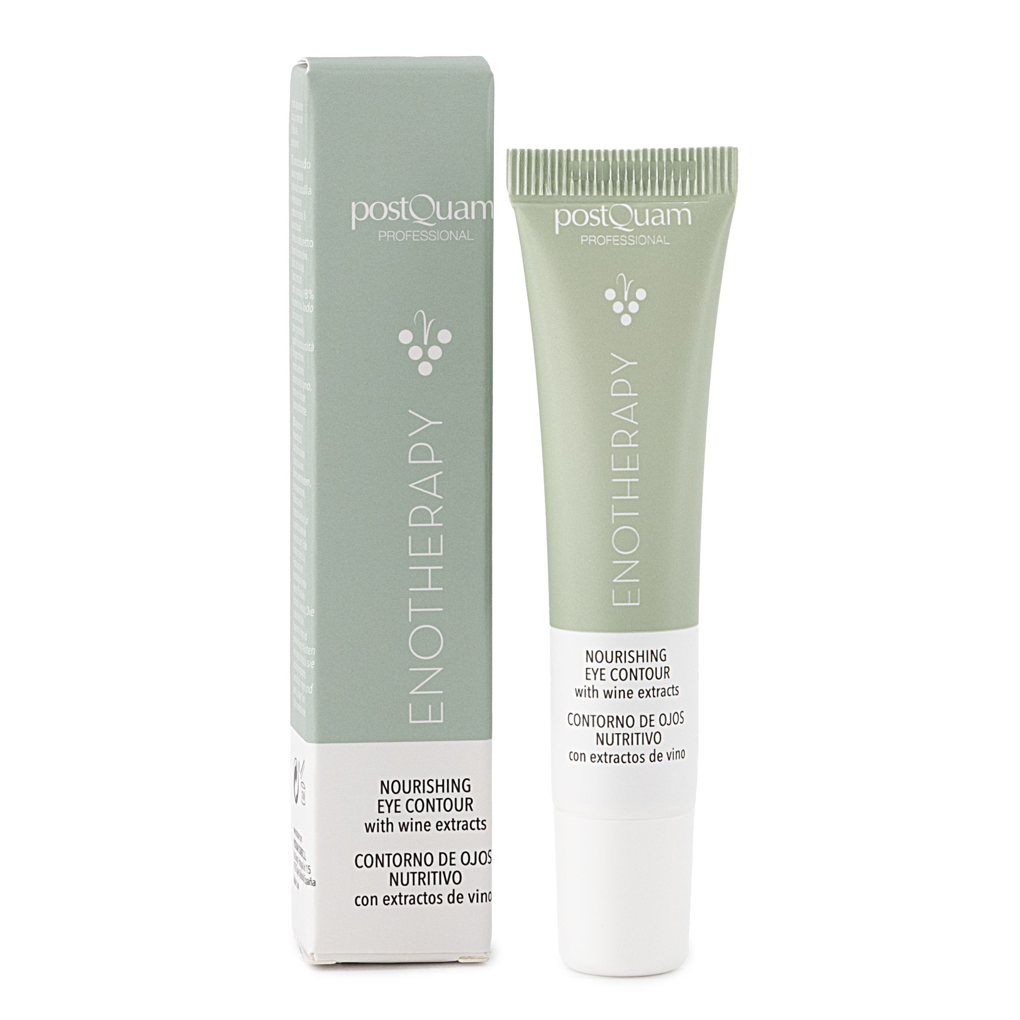 Grüne Tube und Schachtel mit Text. Enthält "Postquam Professional" und "ENOTHERAPY". Produkt: Nährende Augencontour-Creme.