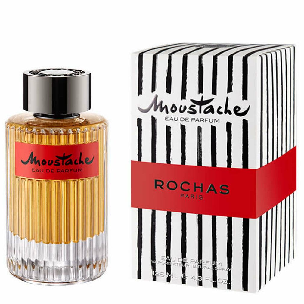 Parfümflasche und Verpackung. Flasche mit rotem Etikett: Moustache Eau de Parfum. Verpackung mit schwarz-weiß Streifen und rotem Band: ROCHAS PARIS.
