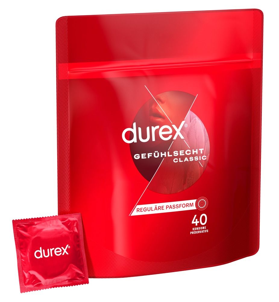 Rote Durex Gefühlsecht Classic Kondom-Packung, 40 Stück, mit Feder-Symbol.