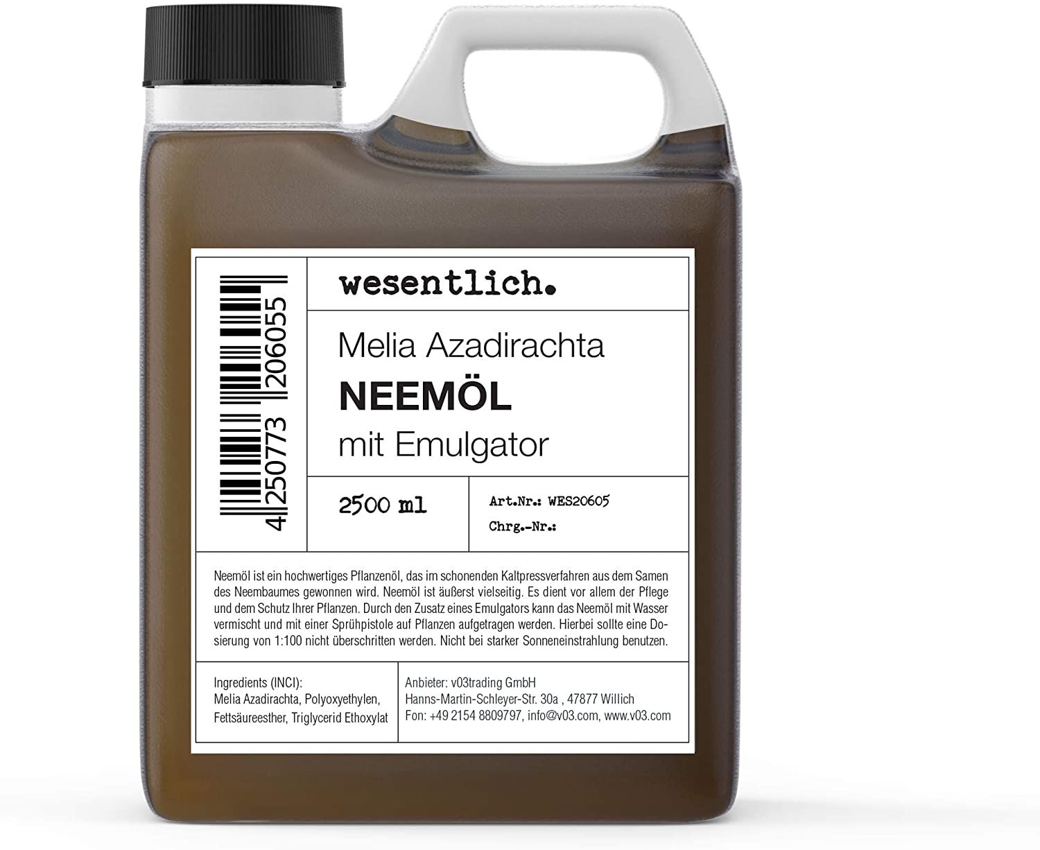 Braune Flasche mit weißem Etikett. Aufschrift: Neemöl mit Emulgator. Marke: wesentlich. 2500 ml.