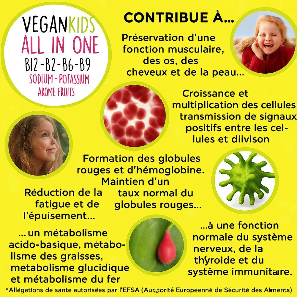 Conception infographique jaune avec texte et images. Vegan Kids All in One. B12, B2, B6, B9. Sodium, Potassium. Arômes de fruits.