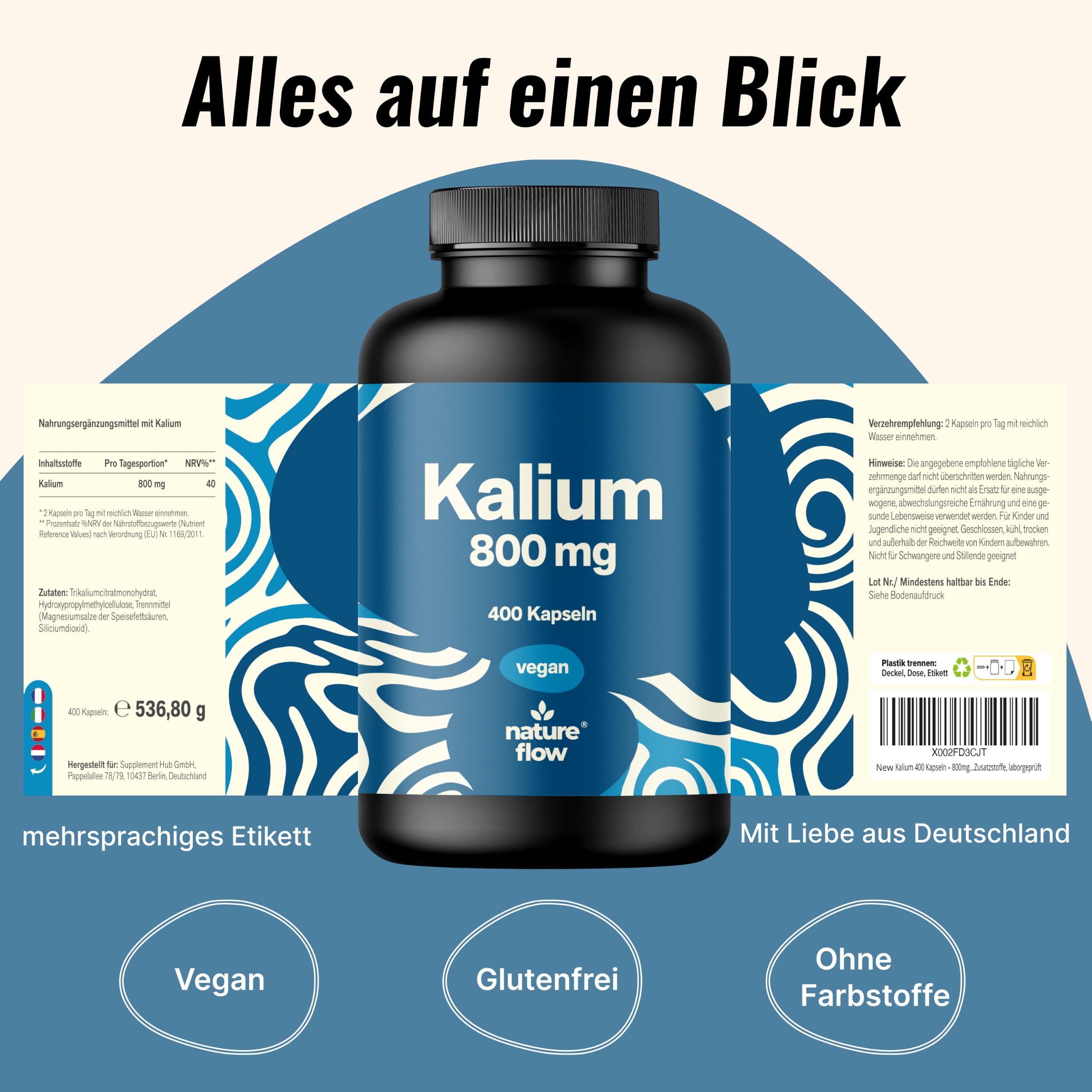 Flasche Kalium Hochdosiert 800mg, 400 Kapseln. Mehrsprachiges Etikett. Hergestellt in Deutschland. Vegan, glutenfrei, farbstofffrei.