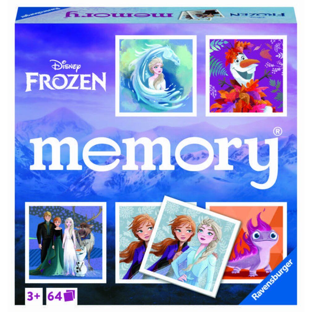 Ravensburger Memory Disney Frozen. Kartenspiel-Box mit sechs Kartenmotiven. Altersempfehlung: 3+. 64 Karten.