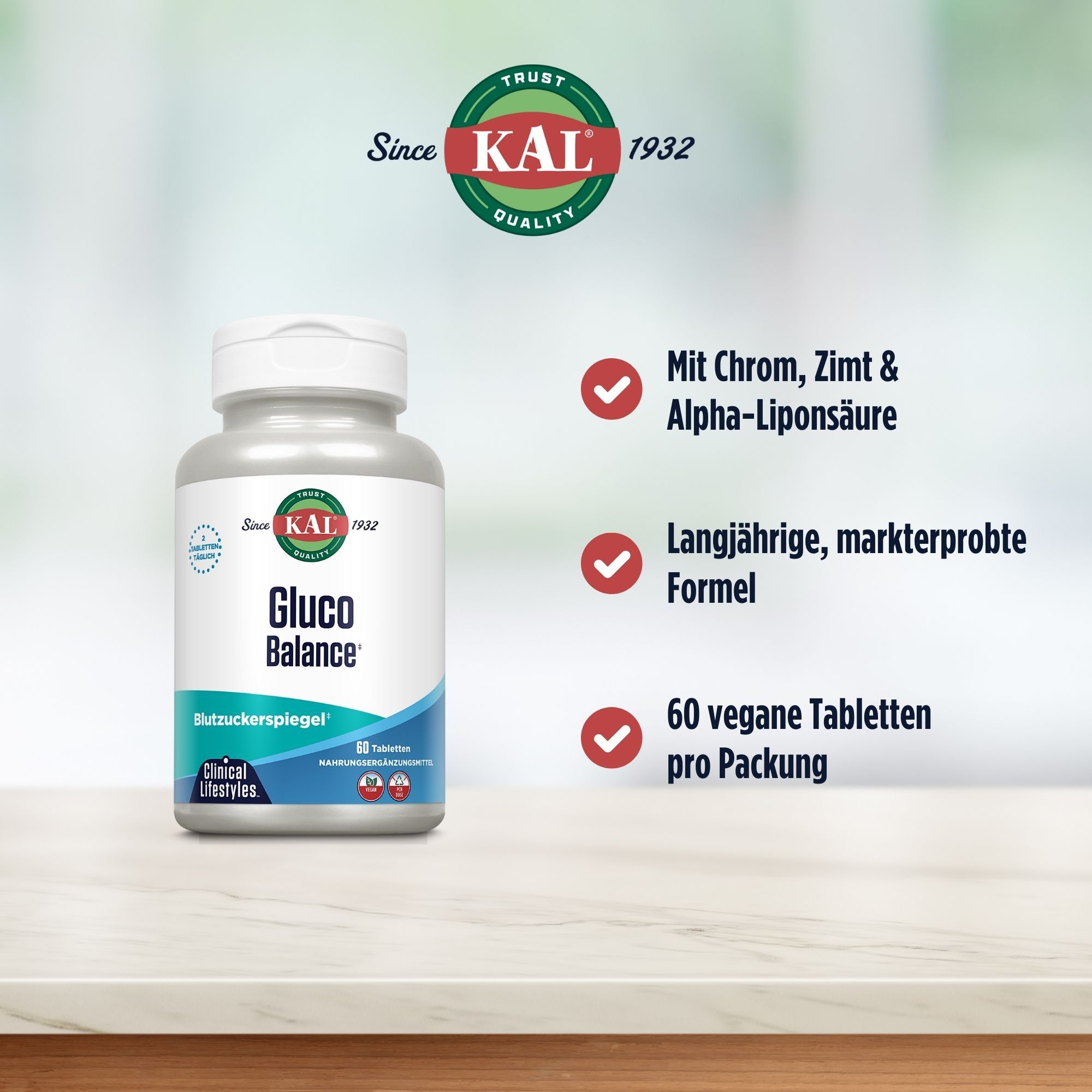 KAL Gluco-Balance Flasche mit 60 veganen Tabletten, enthält Chrom, Zimt & Alpha-Liponsäure.