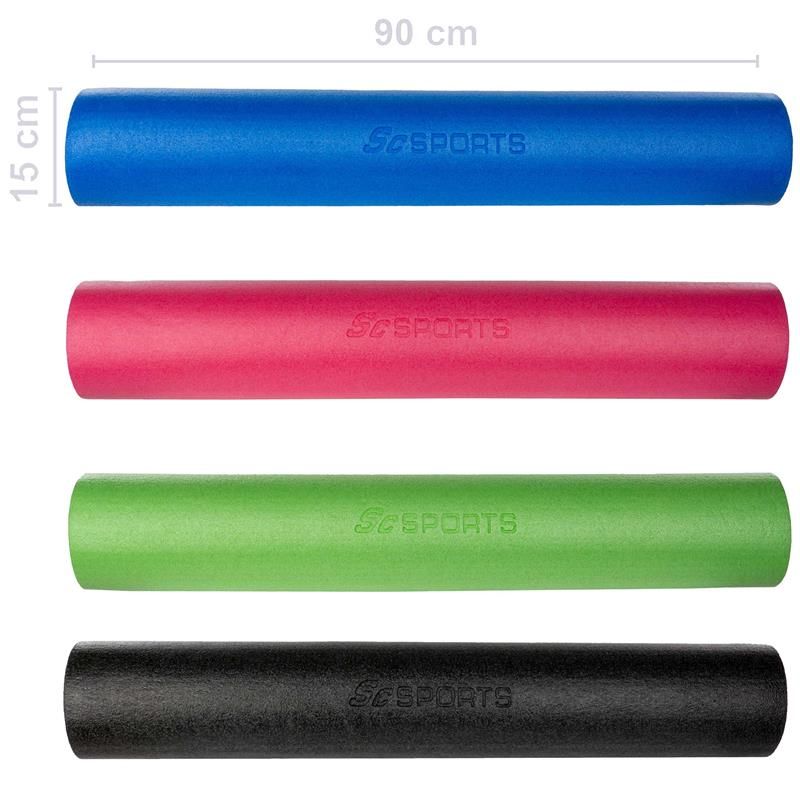 Pilatesrollen in Blau, Pink, Grün und Schwarz. Mit ScSPORTS-Logo. Abmessungen: 15 x 90 cm.