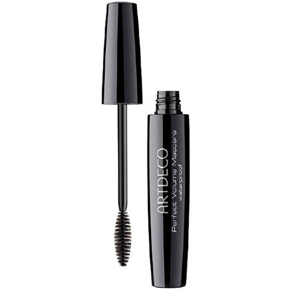 Schwarze Mascara-Tube mit Bürste. Aufschrift: ARTDECO Perfect Volume Mascara waterproof.