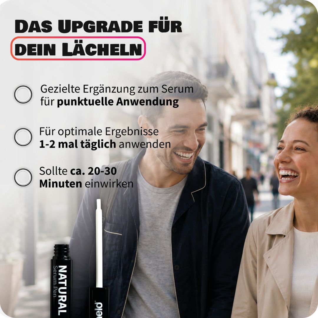 Lachendes Paar geht spazieren, Zahnheld Natural White Serum Pen im Vordergrund.