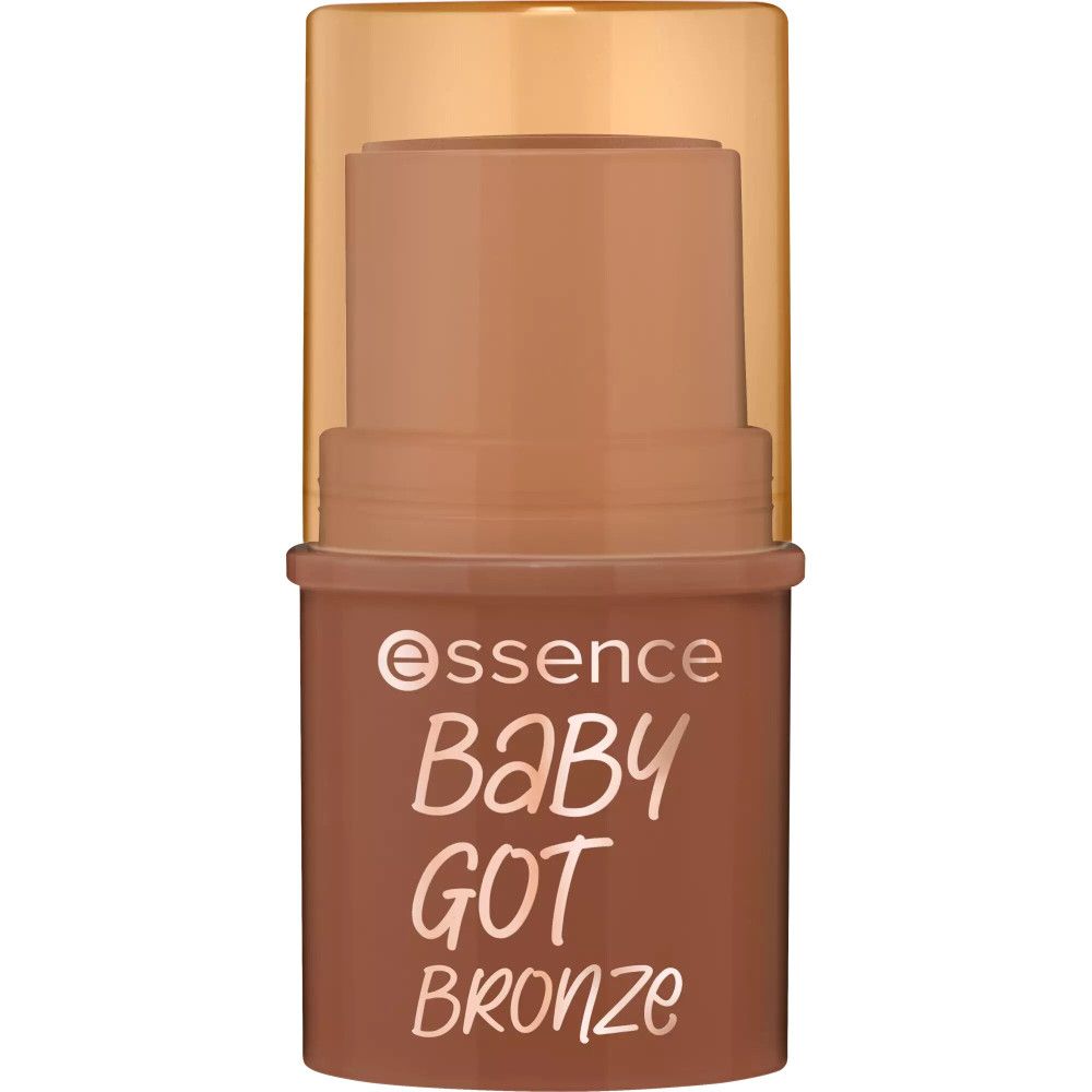 Bronzer-Stick mit geschlossener Kappe. Braune Farbe, zylindrische Form. Aufschrift: essence Baby Got Bronze.