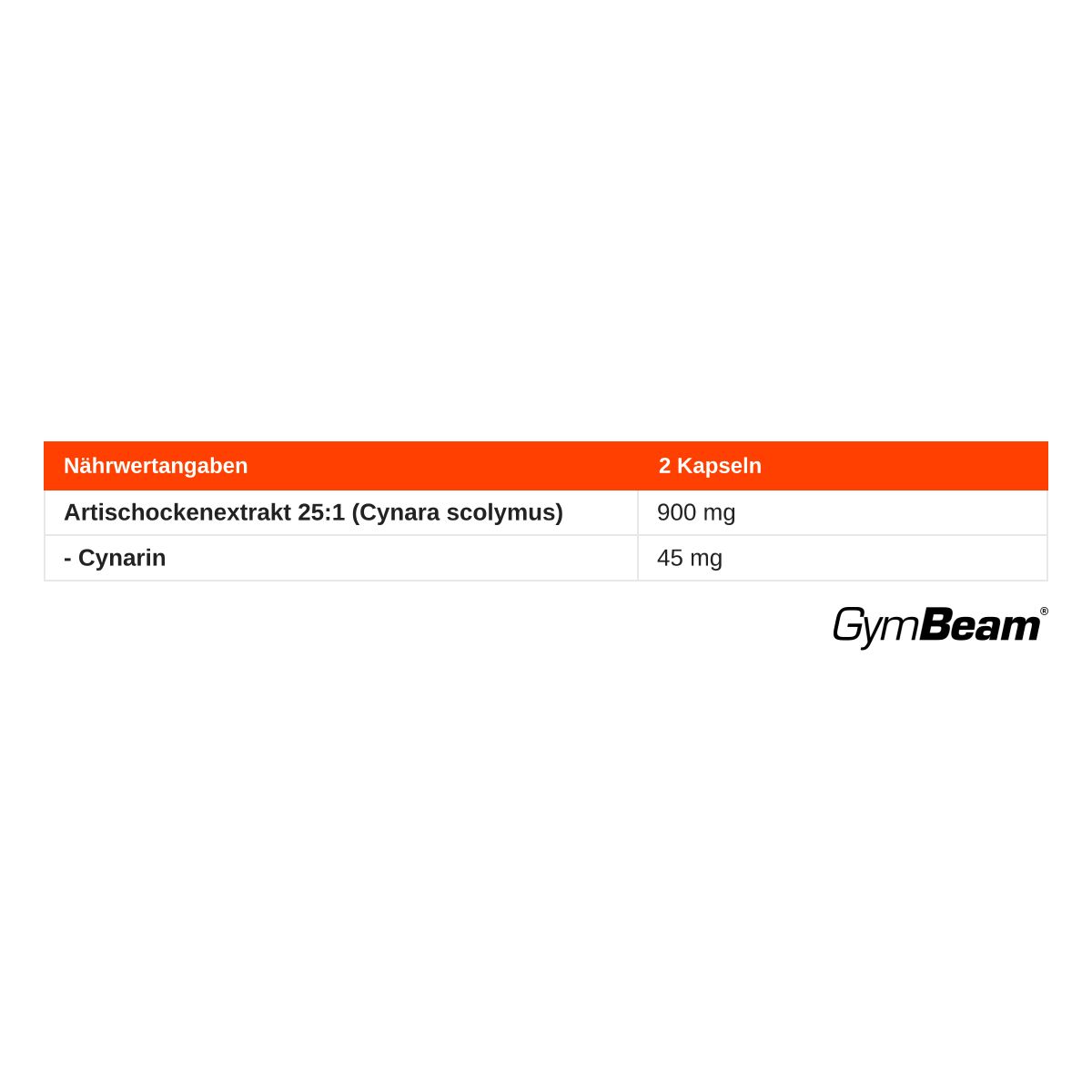 GymBeam Artischockenextrakt: Nährwertangaben pro 2 Kapseln, 900 mg Artischockenextrakt 25:1, 45 mg Cynarin.