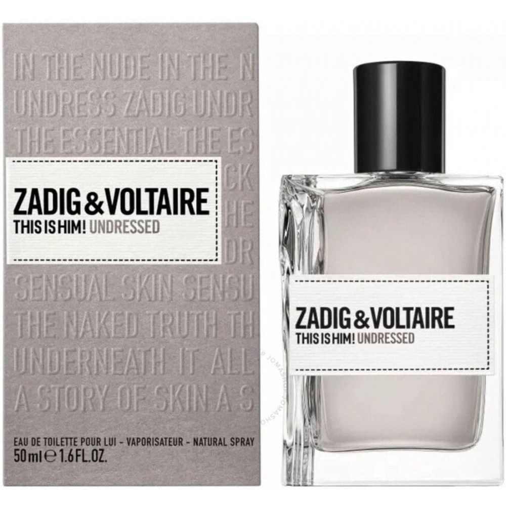 Zadig & Voltaire This is Him! Undressed EdT Nat. Spray. Flakon mit schwarzem Verschluss und weißem Etikett. Graue Verpackung.