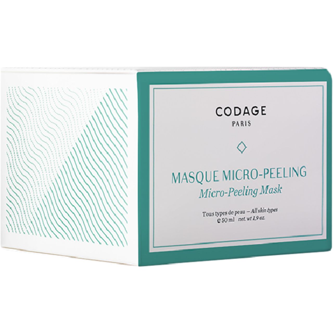Verpackung von Codage Masque Micro-Peeling. Weiße Schachtel mit grünem Rahmen und Produktnamen.