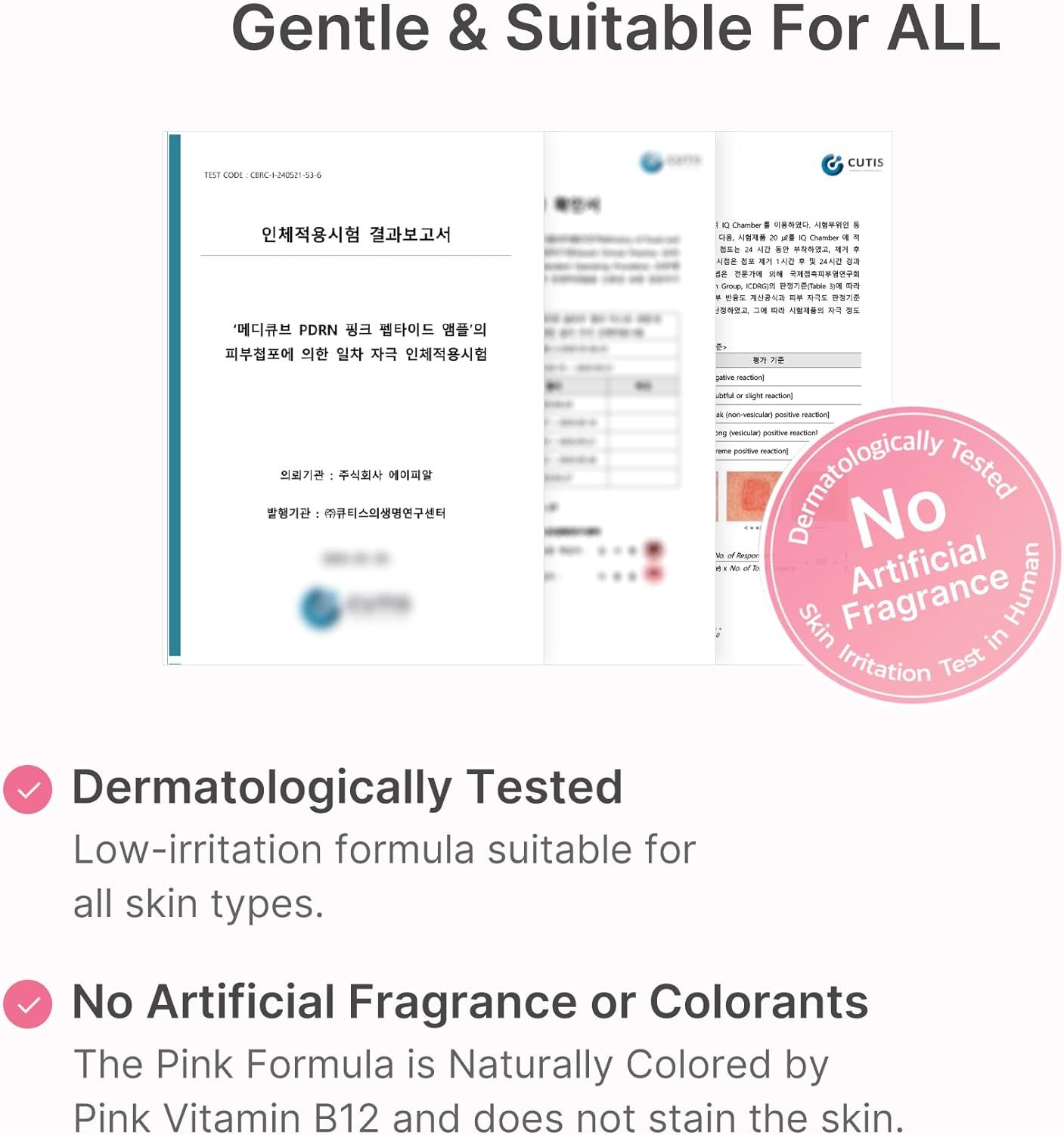 Dokumente und ein rundes Etikett. Aufschrift: Dermatologisch getestet, keine künstlichen Duftstoffe. Geeignet für alle Hauttypen.