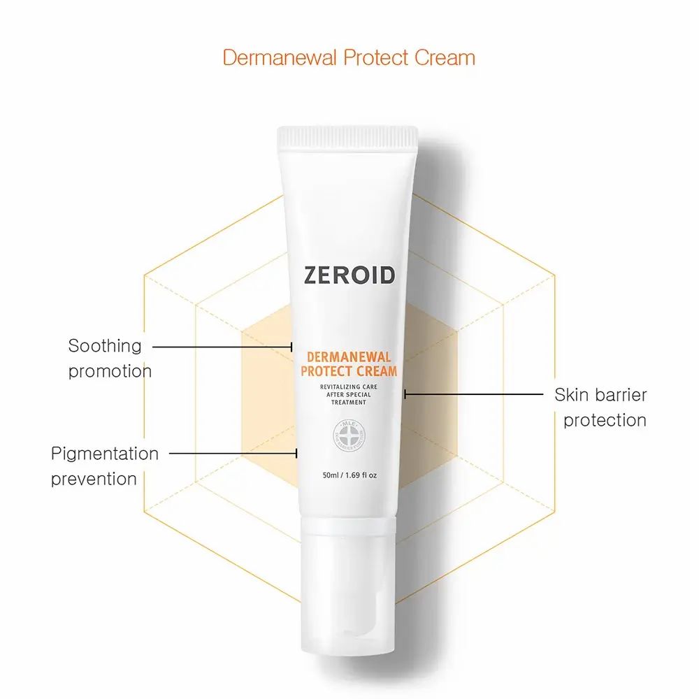 Weißer Cremetube. Aufschrift: ZEROID, Dermanewal Protect Cream. 50ml/1.69 fl oz. Grafische Elemente.