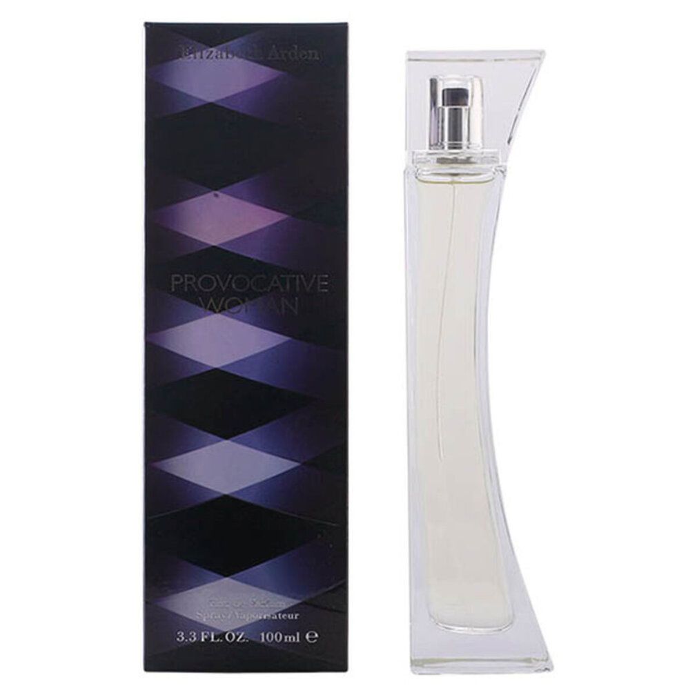 Elizabeth Arden Provocative Woman Eau de Parfum und Verpackung. Flakon und rechteckige Schachtel.