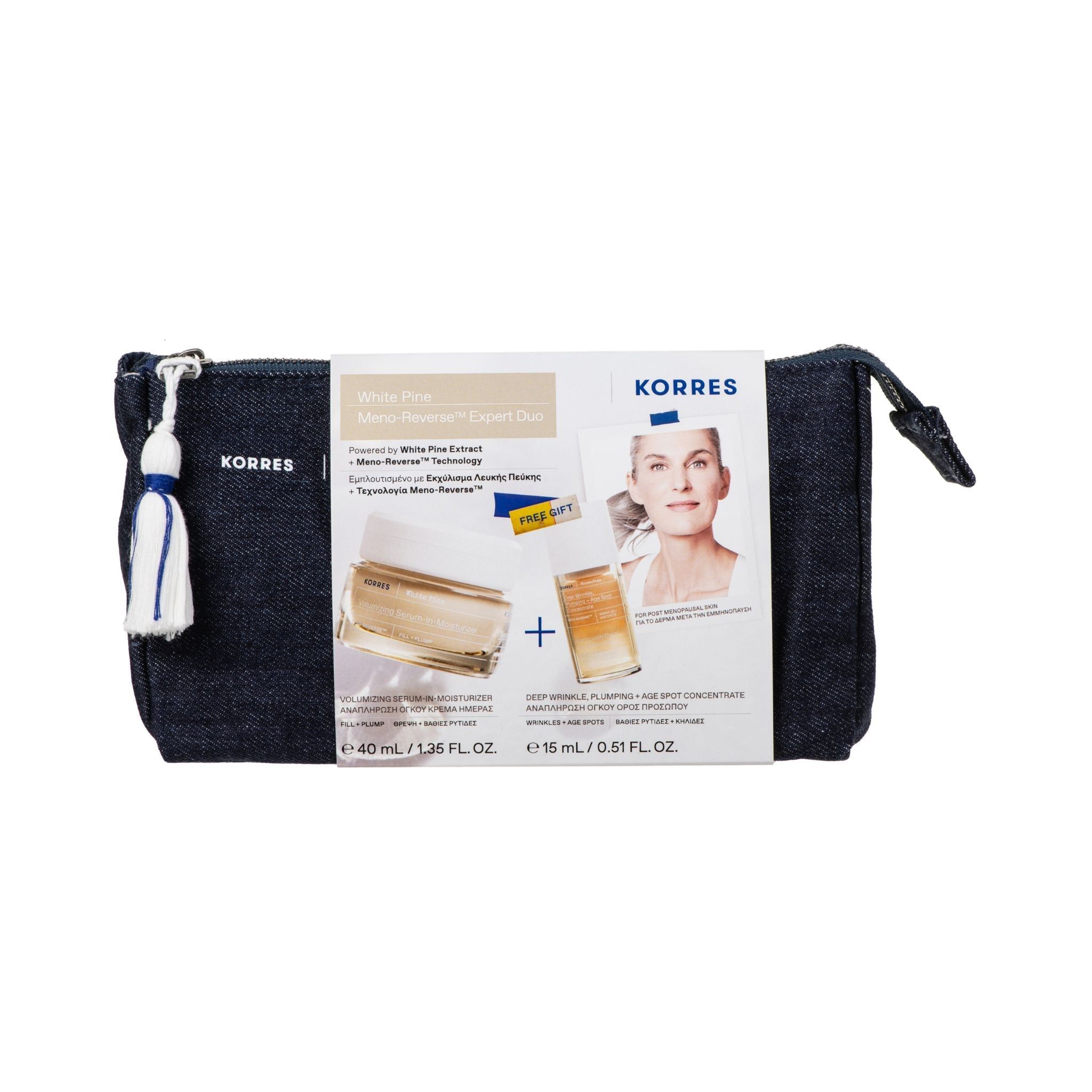 Dunkelblaue Kosmetiktasche mit KORRES-Logo. Enthält zwei Produkte und eine Abbildung einer Frau. Aufschrift: White Pine Meno Reverse Expert Duo.