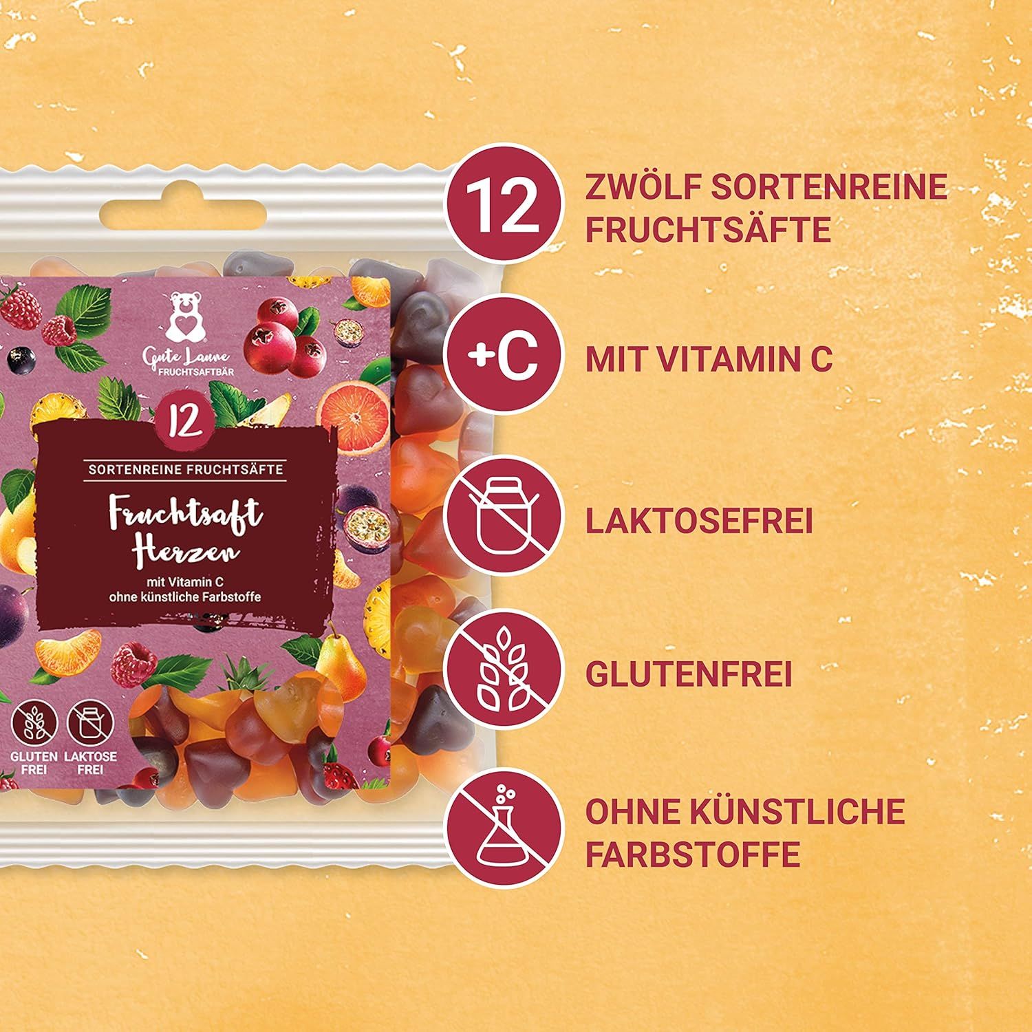 Beutel mit Fruchtsaft-Herzen, 12 Sorten, Vitamin C, ohne künstliche Farbstoffe, gluten- und laktosefrei. Aufschrift: Gute Laune Fruchtsaftbären.