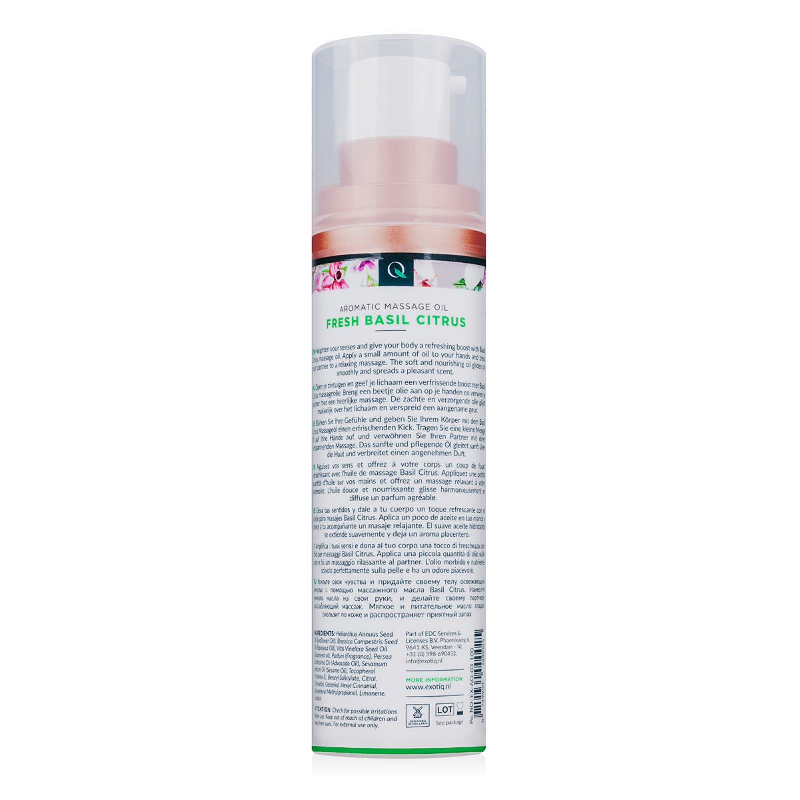 Rückseite einer Massageöl-Flasche. Text in mehreren Sprachen, darunter Deutsch, mit Produktinformationen und Inhaltsstoffen.