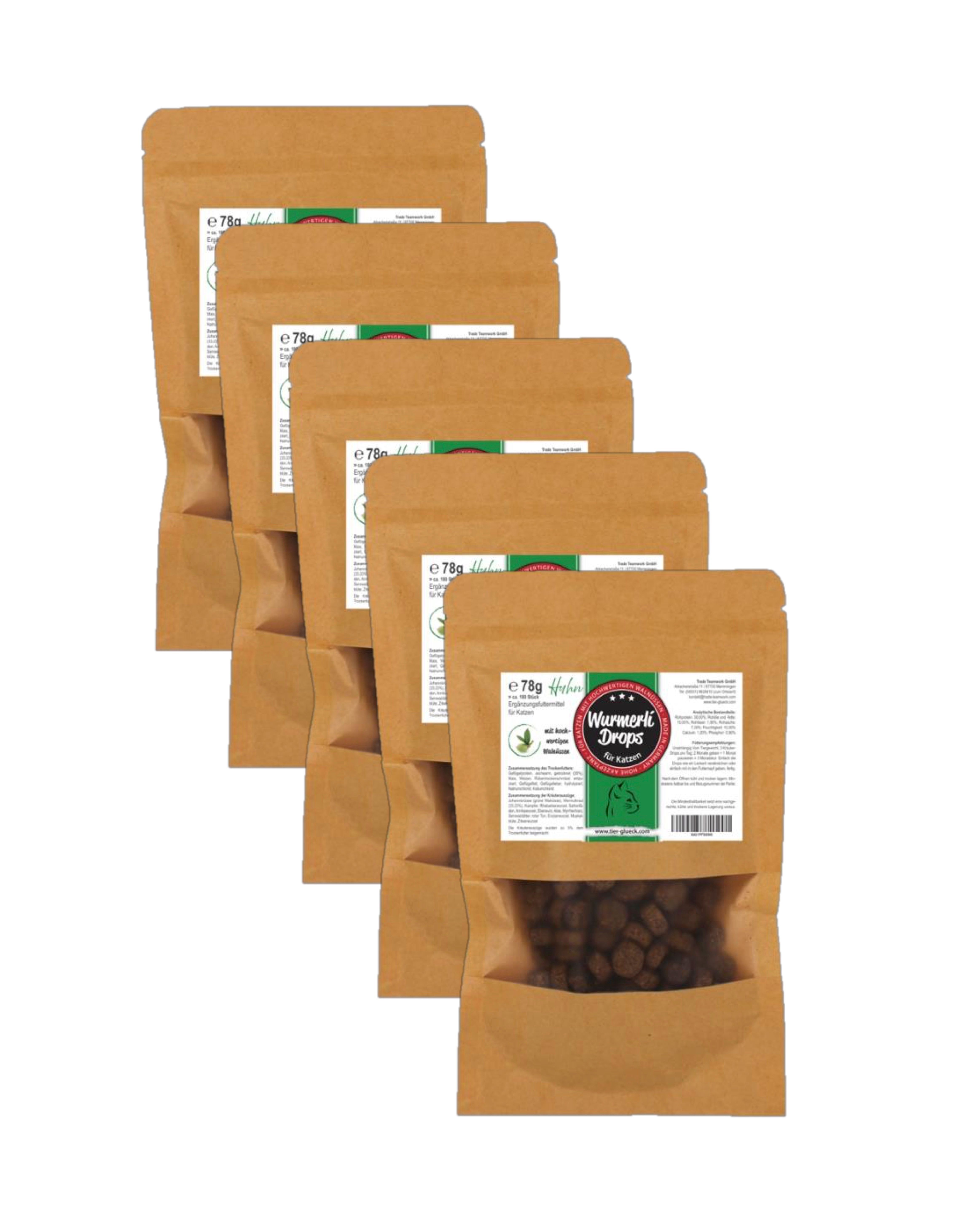 Fünf braune Beutel mit Sichtfenster. Aufdruck mit Produktinformationen. Enthält Drops für Katzen.