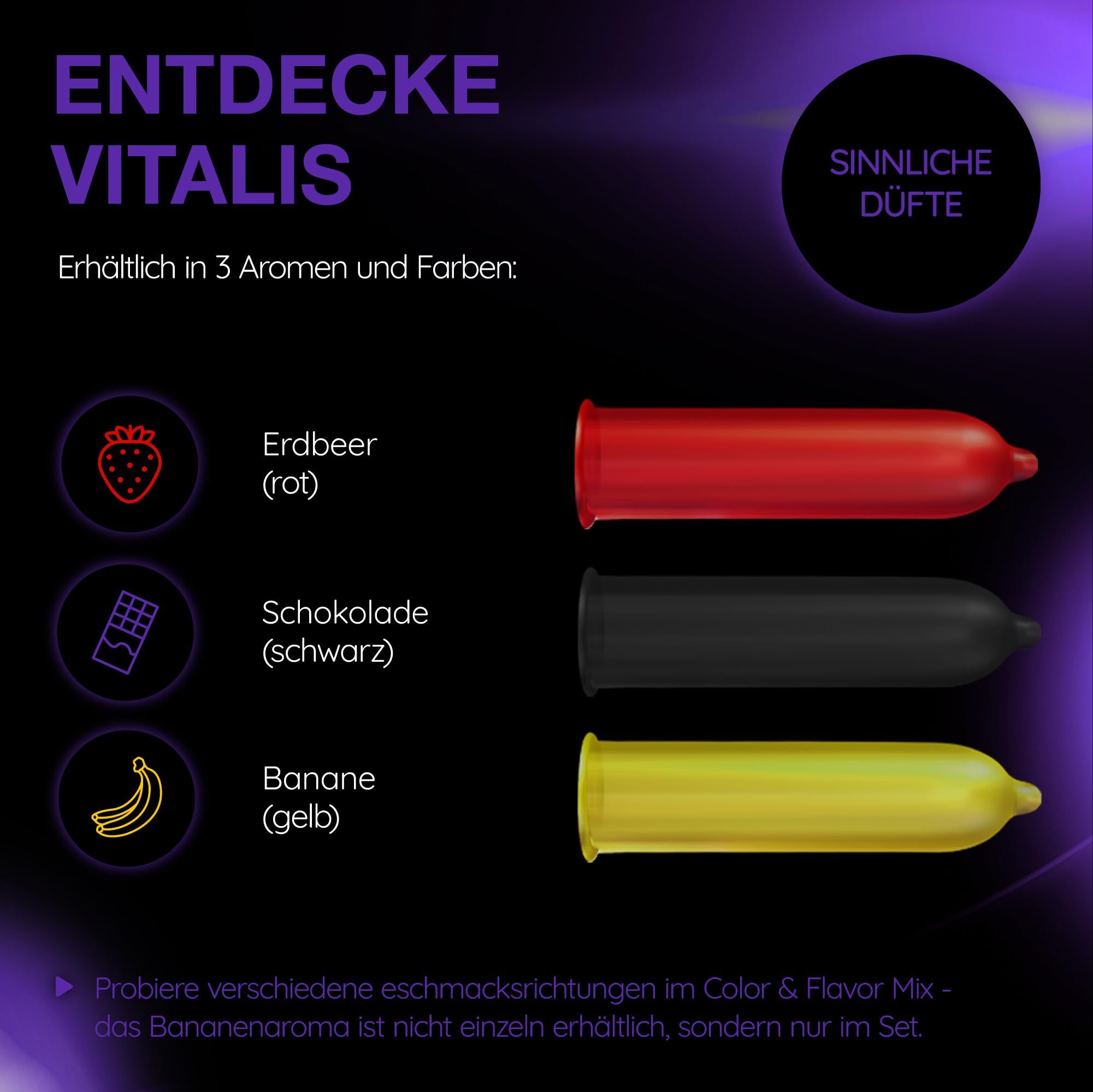 Vitalis Kondome: Erdbeer (rot), Schokolade (schwarz), Banane (gelb).