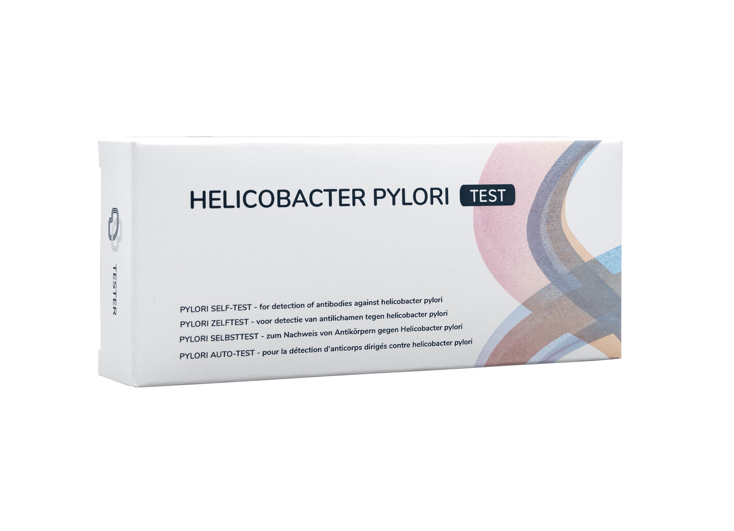 Verpackung des Helicobacter Pylori Schnelltests mit Produktnamen und mehrsprachigen Anwendungsbeschreibungen.