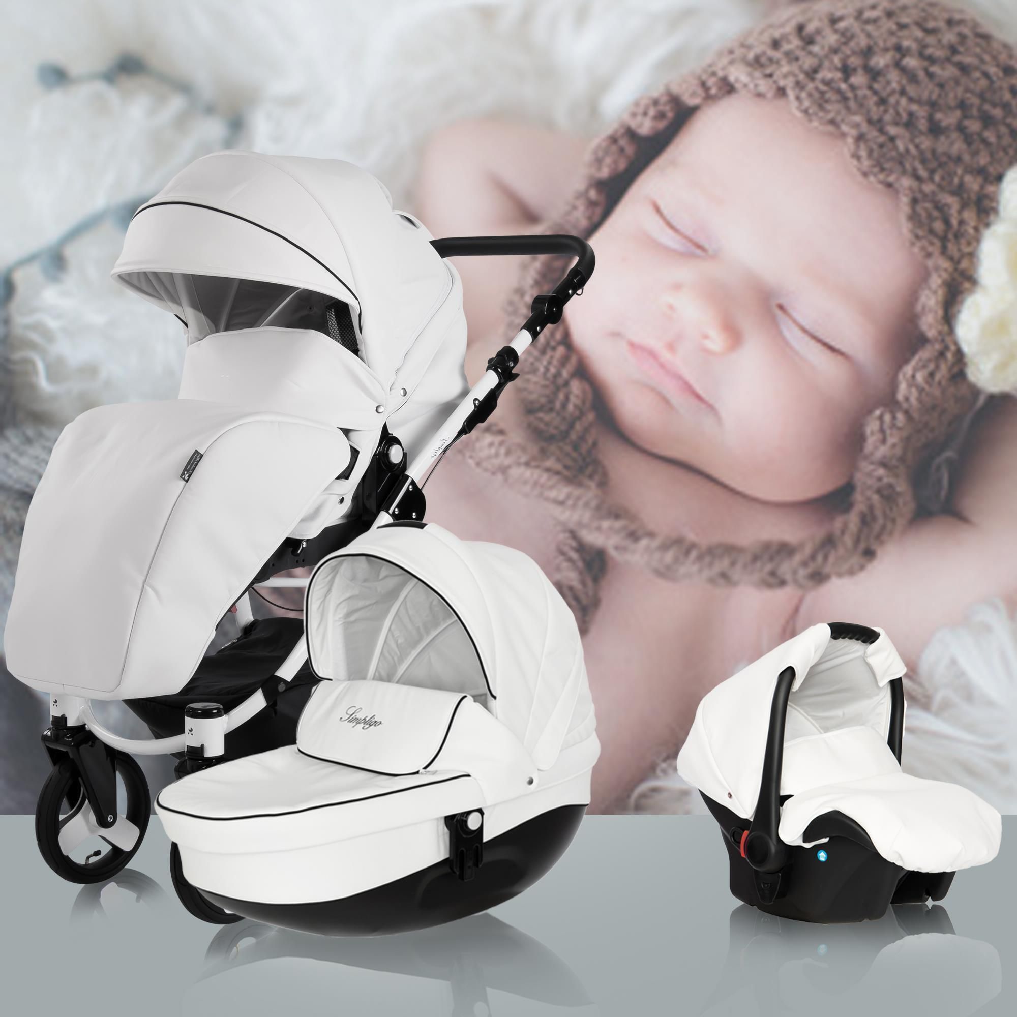 Friedrich Hugo Simpligo 4 in 1 Kinderwagen Komplettset ISOFIX Basis Luftreifen, Weiß (Kunstleder)
