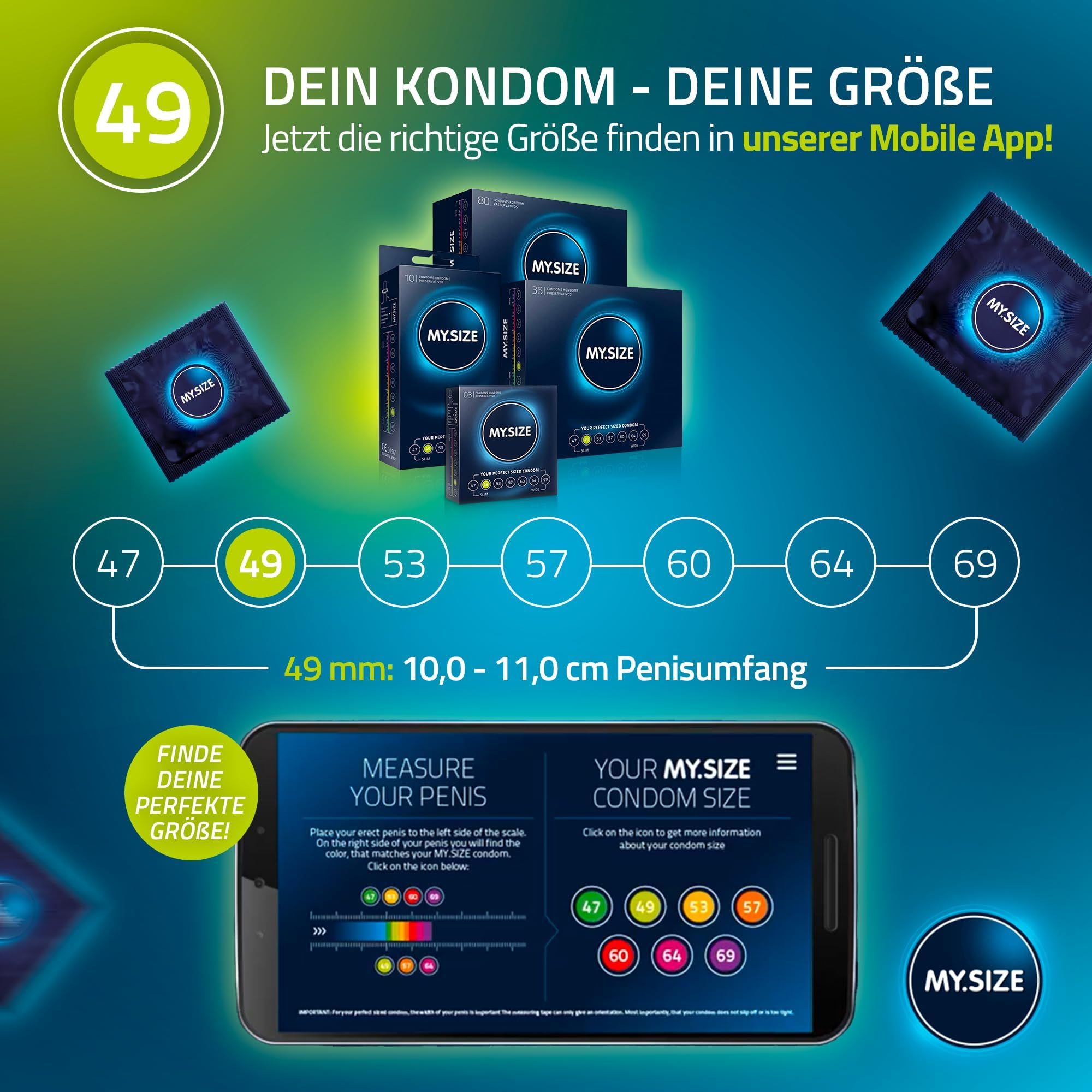 App-Interface zur Messung des Penisumfangs und Auswahl der Kondomgröße 47-69mm.