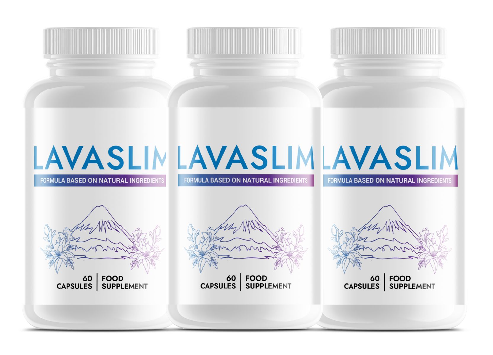 Drei weiße Flaschen mit "LAVASLIM"-Etikett. Aufschrift: "FORMULA BASED ON NATURAL INGREDIENTS". Abbildung eines Berges und Blumen. 60 Kapseln.