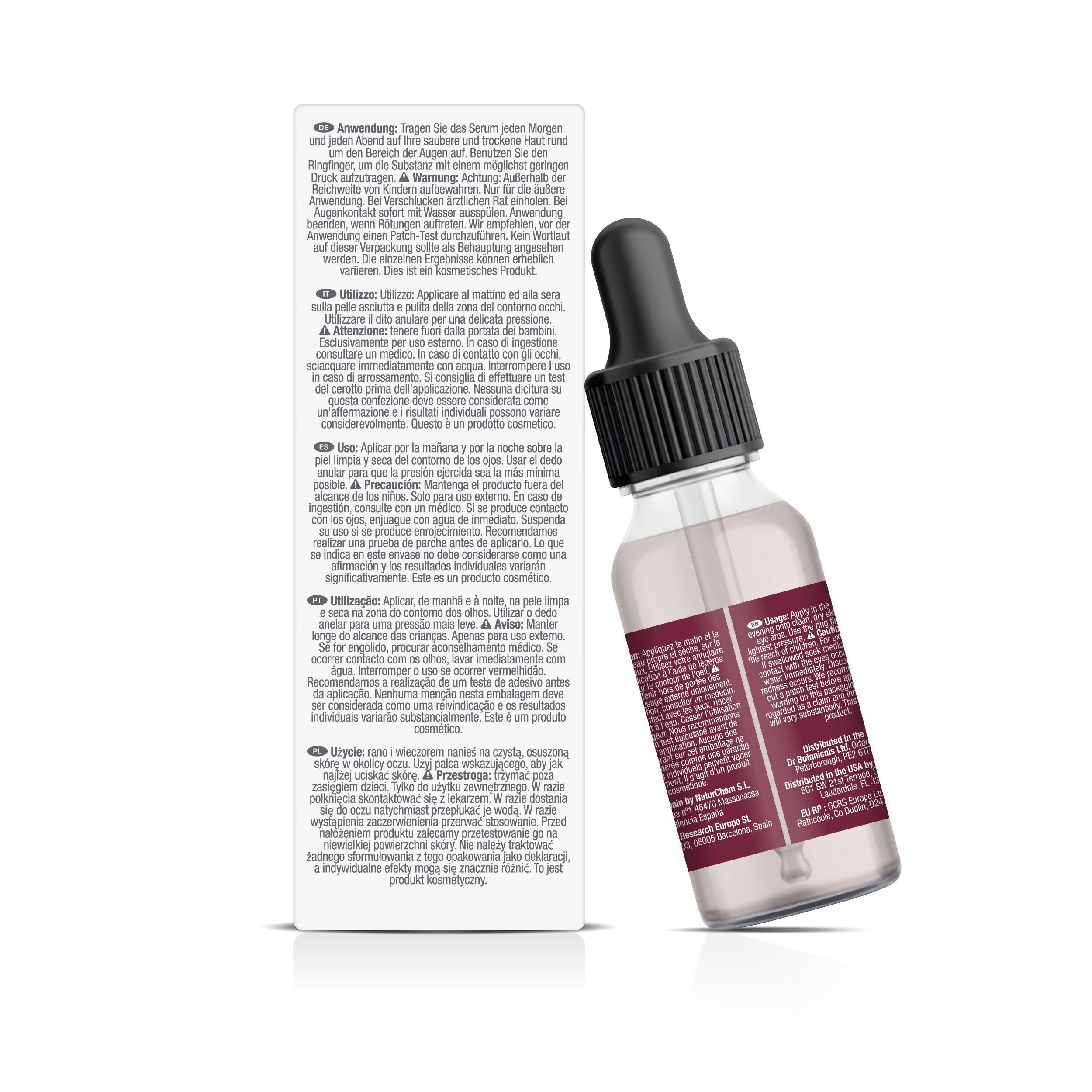 Serumflasche und Verpackung. Flasche mit Pipette, Etikett mit Produktnamen. Verpackung mit Text in mehreren Sprachen.