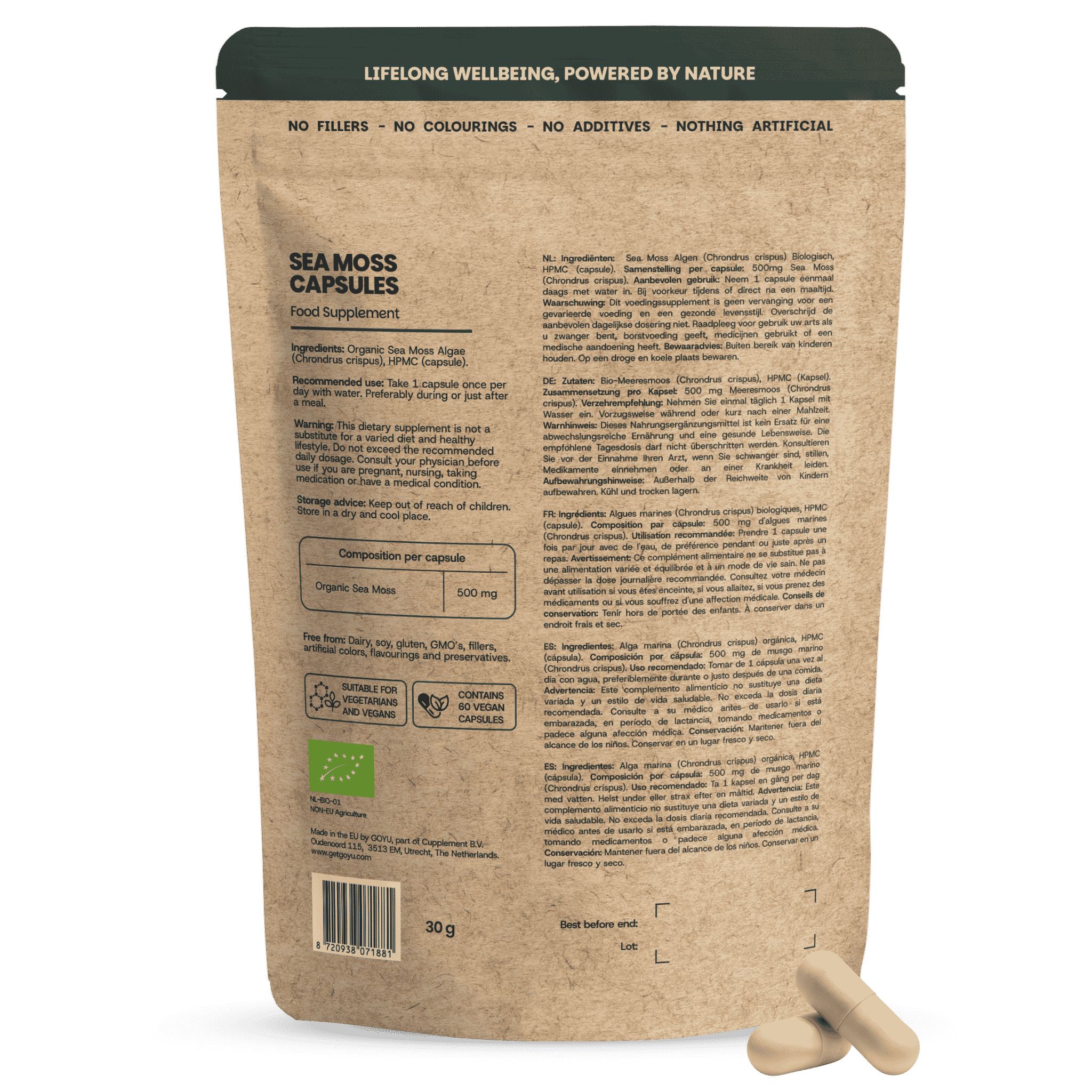 Rückseite einer GOYU Sea Moss Kapsel-Verpackung mit Zutatenliste und Siegeln.