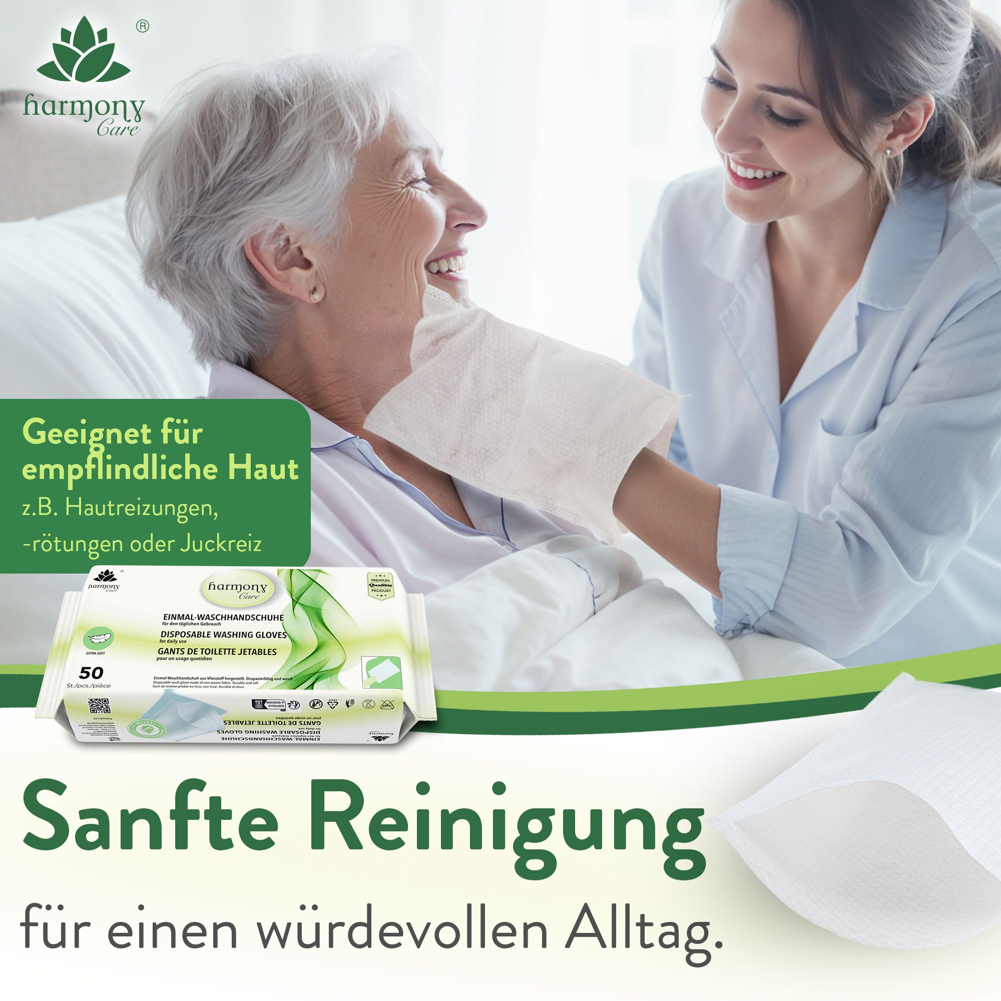Harmony Care® - weiche Einmal Waschhandschuhe aus Spunlaced, Einmalwaschlappen für Erwachsene & Baby